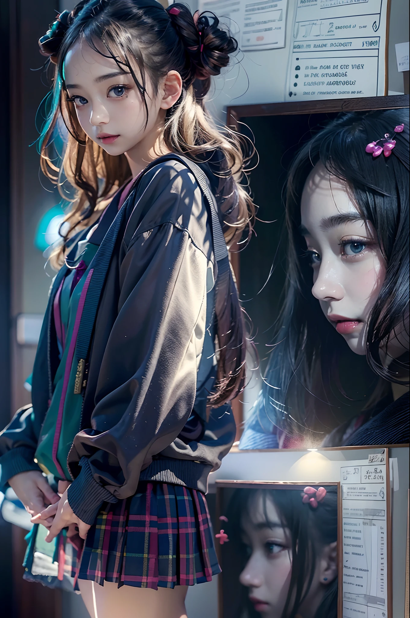 (Front Focus)、(Dark: 1.6)、Hyperrealist female photo by Mika Ninagawa、Fantasy Art、photoRealstic、Dynamic lighting、art stations、poster for、Volume Lighting、extra detailed face、16 K、女の子1人、sixteen years old、in the darkness nigth、deep-shadows、(student clothes:1.4)、