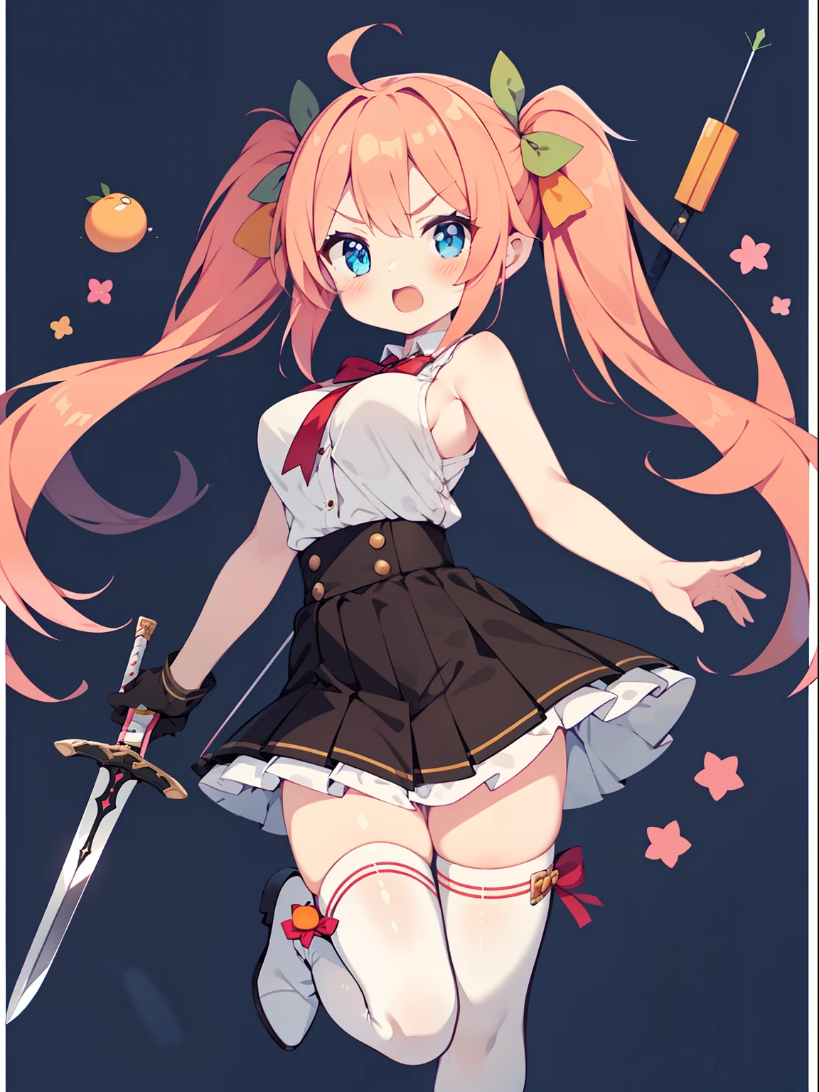 colorful , masterpiece, best quality, 1girl, weapon, long hair, breasts, solo, thighhighs, skirt, sword, shirt, full body, sleeveless shirt, bangs, blue eyes, black thighhighs, white footwear, open mouth, ahoge, holding, shiny, frills, shiny hair, sleeveless, transparent background, blush, medium breasts, zettai ryouiki, boots, (pink hair), sidelocks, pleated skirt, orange ribbon, holding weapon, v-shaped eyebrows, miniskirt, arrow (projectile), white shirt, twintails, stylish pose,