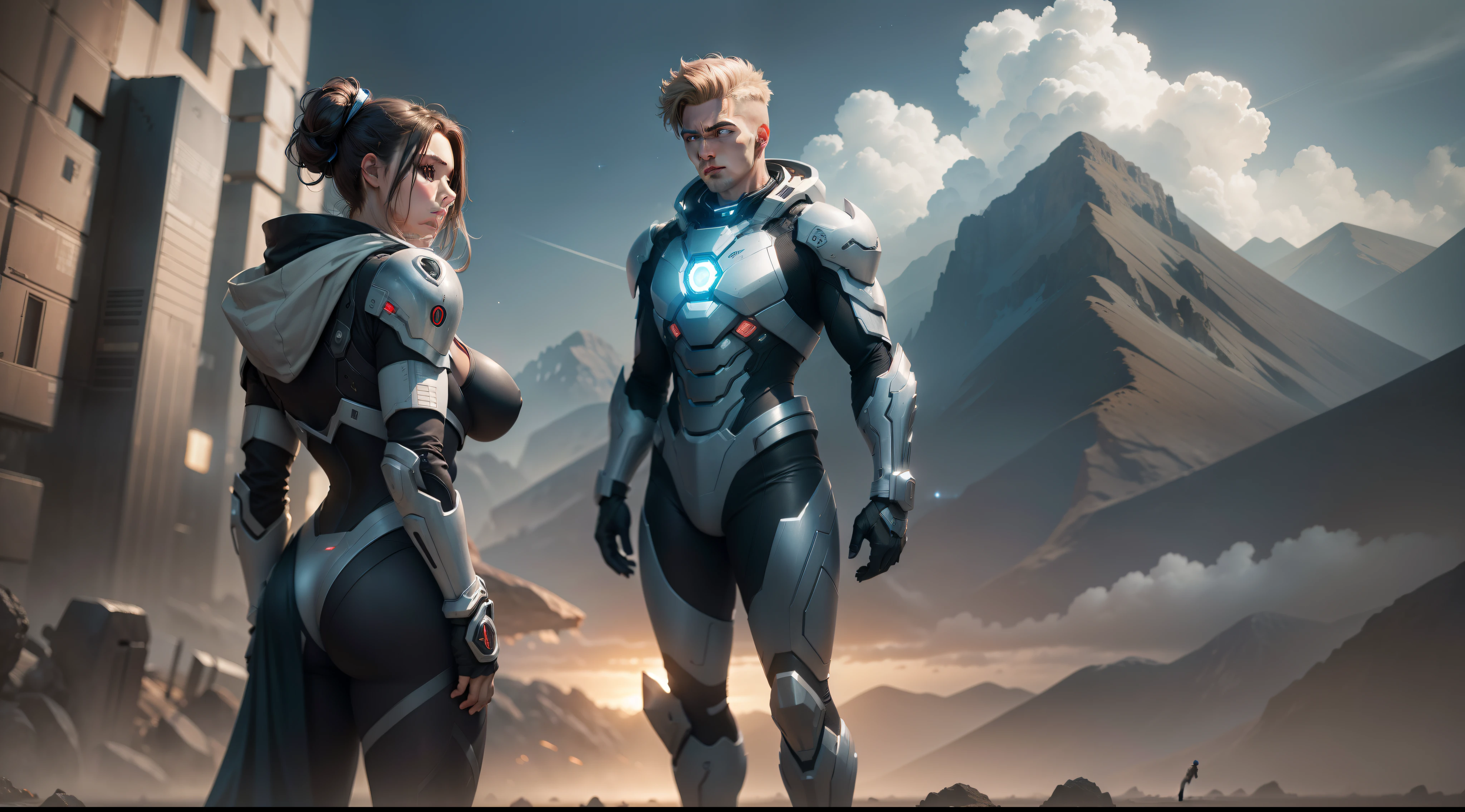 two guys,1male people、1female,full body shot shot,A high resolution, shadowing, best_quality, ultra_detailed, 8K, extremely_clear, photore, big breasts beautiful, Sharp focus, HDR,tmasterpiece、Need、handsome、prette、年轻、Toned body、dark themes、Dark Planet、Tight combat suit、Fantastic landscape, future-tech、male people、Starlight around the character, (full bodyesbian), dream, flight,Wasteland City