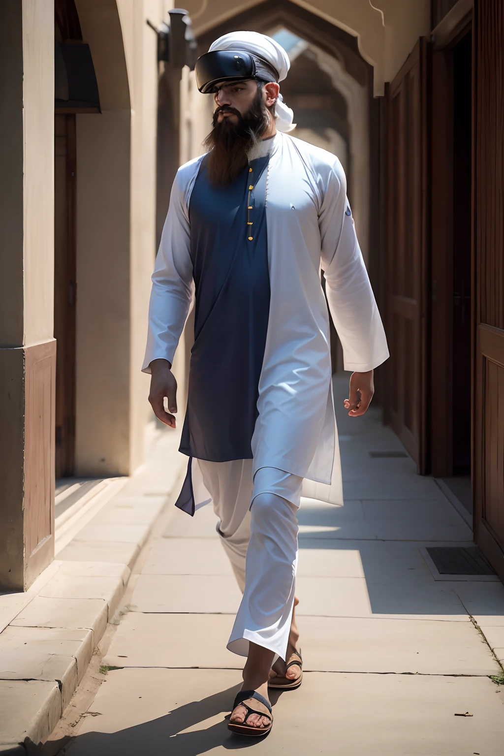 man wearing traditional islamic cap, wearing islamic clothing, kurta, man with beard, sideface only, full body image, walking from left to right, walking with a mission, five fingers in each hand, bare foot, single colur background, VR, nikkon e50