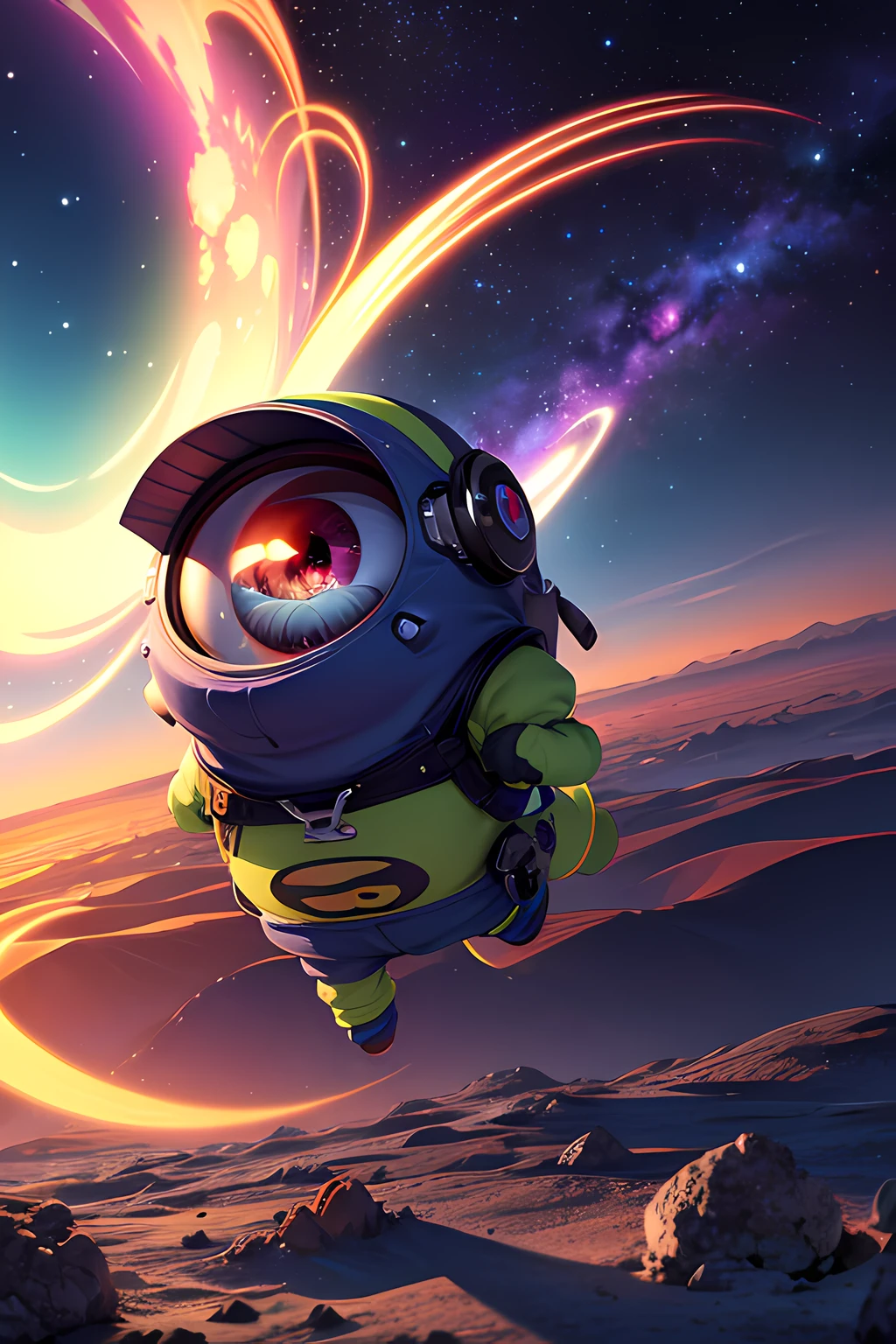 (ultra-detailed, highres, best quality, realistic, vivid colors), cute one eyed alien, minion, running around, gather with friends, green blue and purple, sitting in a classic char, enjoying view, extraterrestrial being, photography , on terrain, nebulae sky, ((best shadow)), best quality