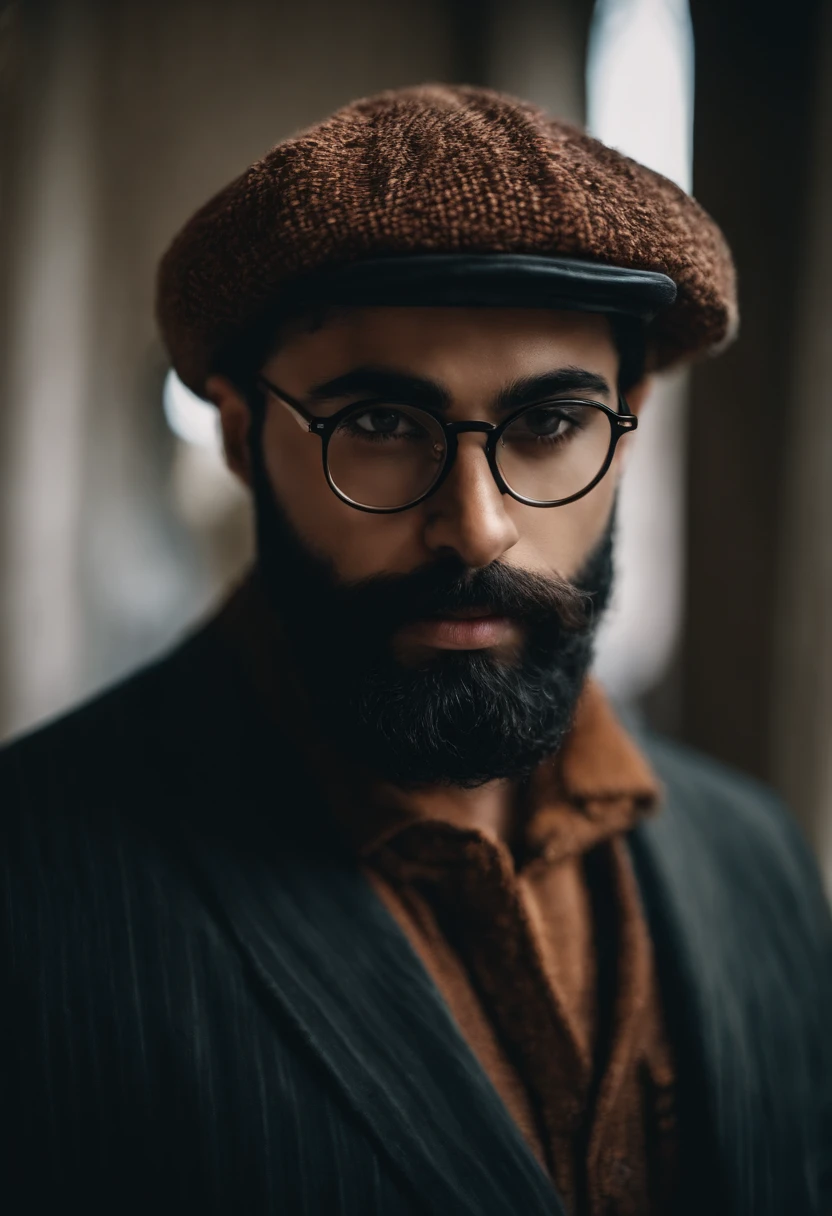 Um homem de 25 anos, gordura, barba grande, barba preta, glasses, bonnet, Standing, corpo inteiro, fotografia, realismo, Standing, pele branca, roupas jovens