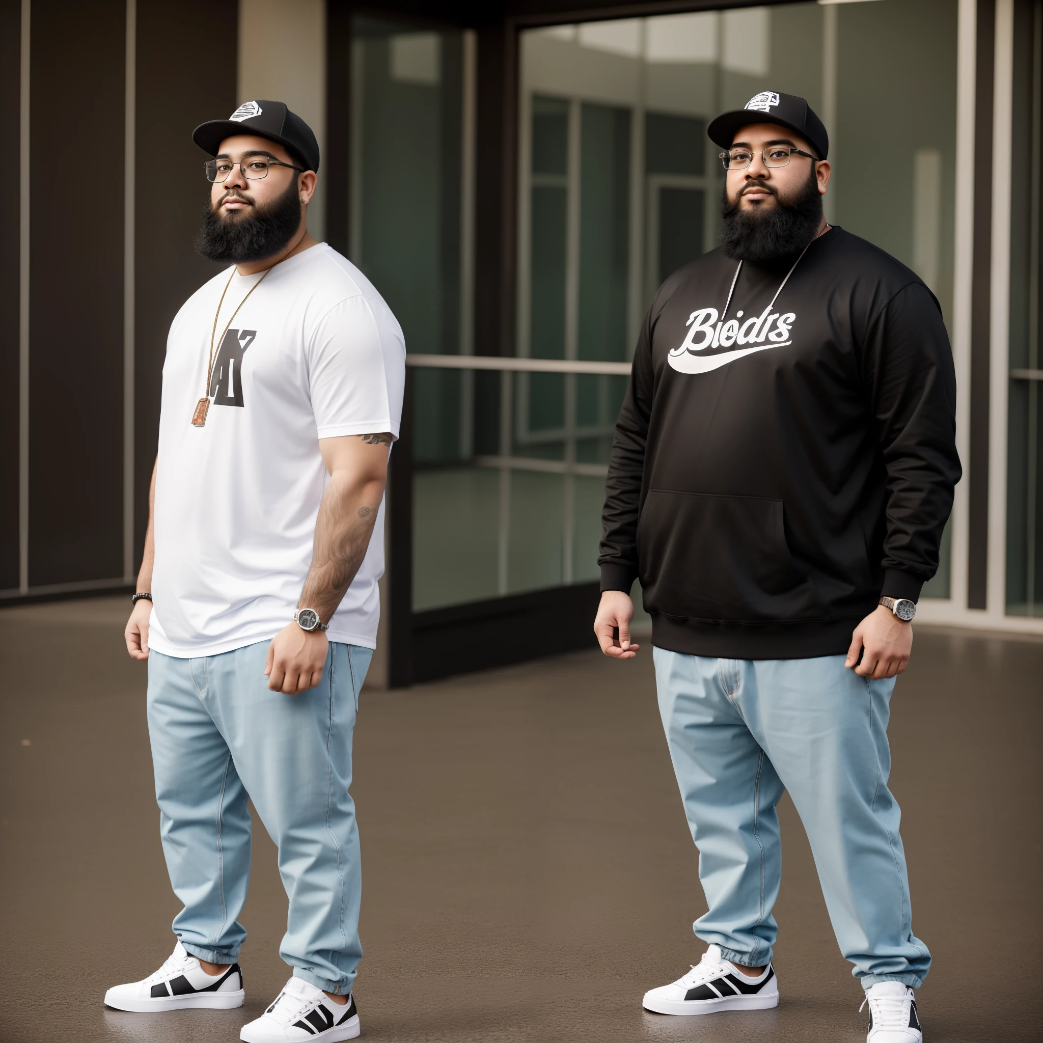 A 25 year old man, fat, big beard, black beard, glasses, cap, standing, full body, photography, realism, standing, hip hop style clothes, white skin, youth clothes