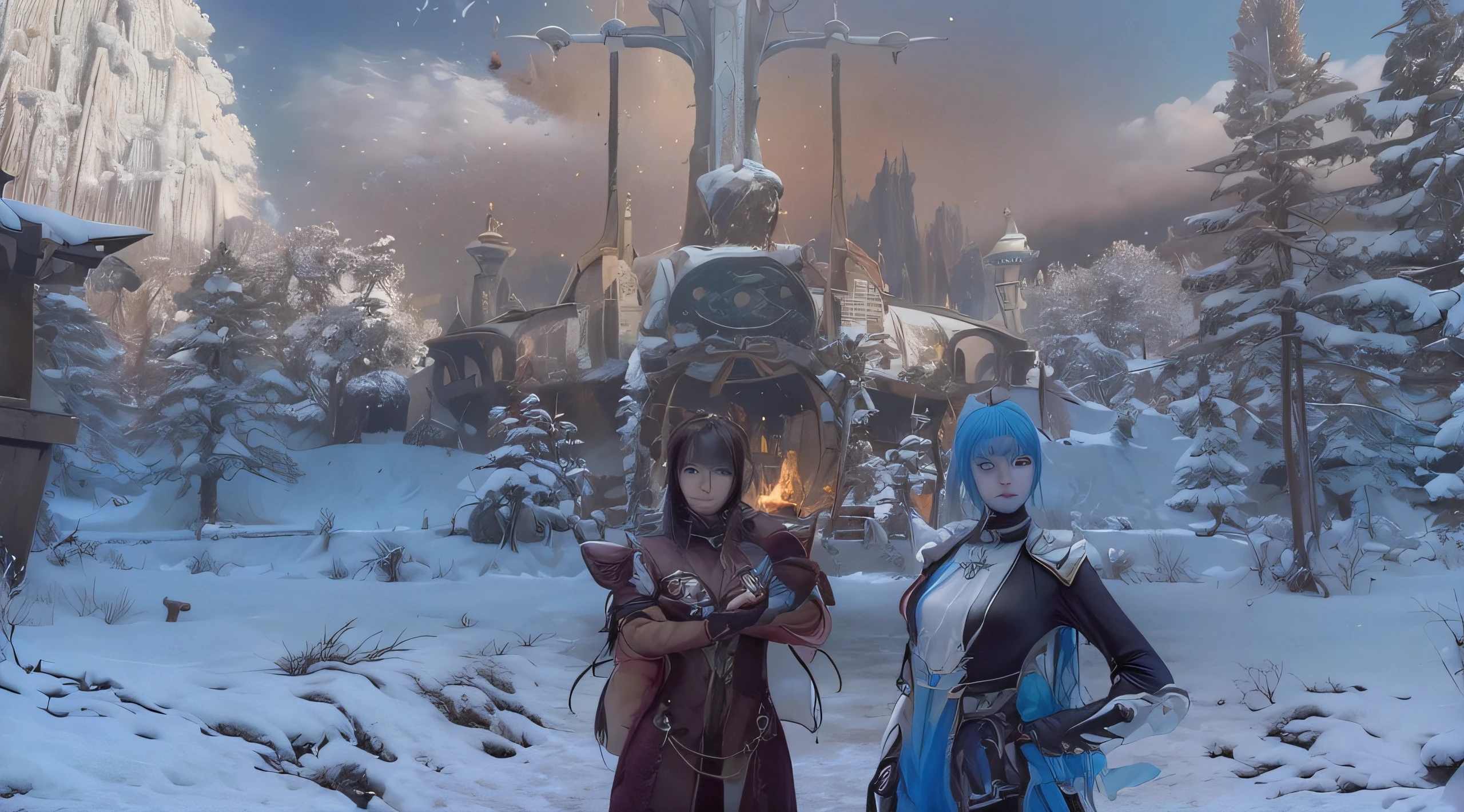 There are two women dressed in costumes standing in a snowy area, <Cena MMORPGS, Da NCSOFT, da linhagem 2, Tranding no PXIV, Aion, pele azul congelante, Final Fantasy 1 4 Captura de tela, MMORPG, ffxiv heavensward, blade and soul, Final Fantasy XIV, Captura de tela do PC, Blessing of Winterthorn, Rainha do gelo e da tempestade