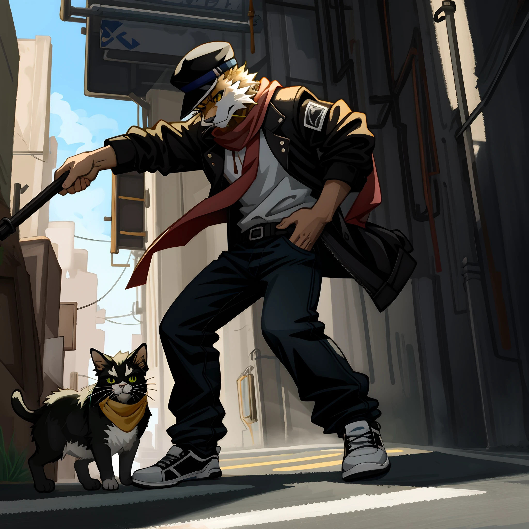 highres, top quality, best quality, paid reward available, High-quality illustrations, unparalleled masterpiece, perfect artwork, absurdres, a painting of a cat wearing a hat and scarf, trending in the art station, dressed in punk clothes, detailed hyper realistic rendering, british gang member, street style, intimidating pose, planet of the cats, clothes with fashion, urban samurai, meow, west slavic features, dynamic lighting, deep shadow, cinematic angle,