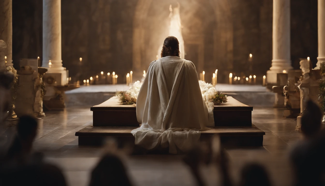 Messiah,Lord Christ Jesus,In the sacred temple,Draped in a white cloak,Overhead halo,divinelight,God Ray,dingdall effect,ue5 render,Ray traching,Hyper-realistic,Cinematic level effects,85mm focal length, F1.2 apertures,The face is rich in detail,Complete hands
