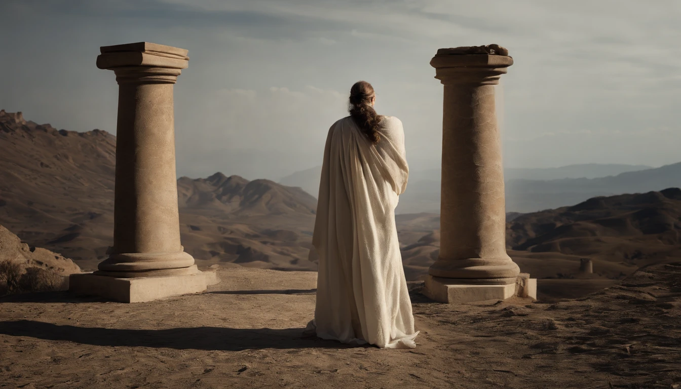 Messiah，Lord Christ Jesus，In the sacred temple，Draped in a white cloak，Overhead halo，divinelight，God Ray，dingdall effect，ue5 render，Ray traching，Hyper-realistic，Cinematic level effects，85mm focal length， F1.2 apertures，The face is rich in detail，Complete hands