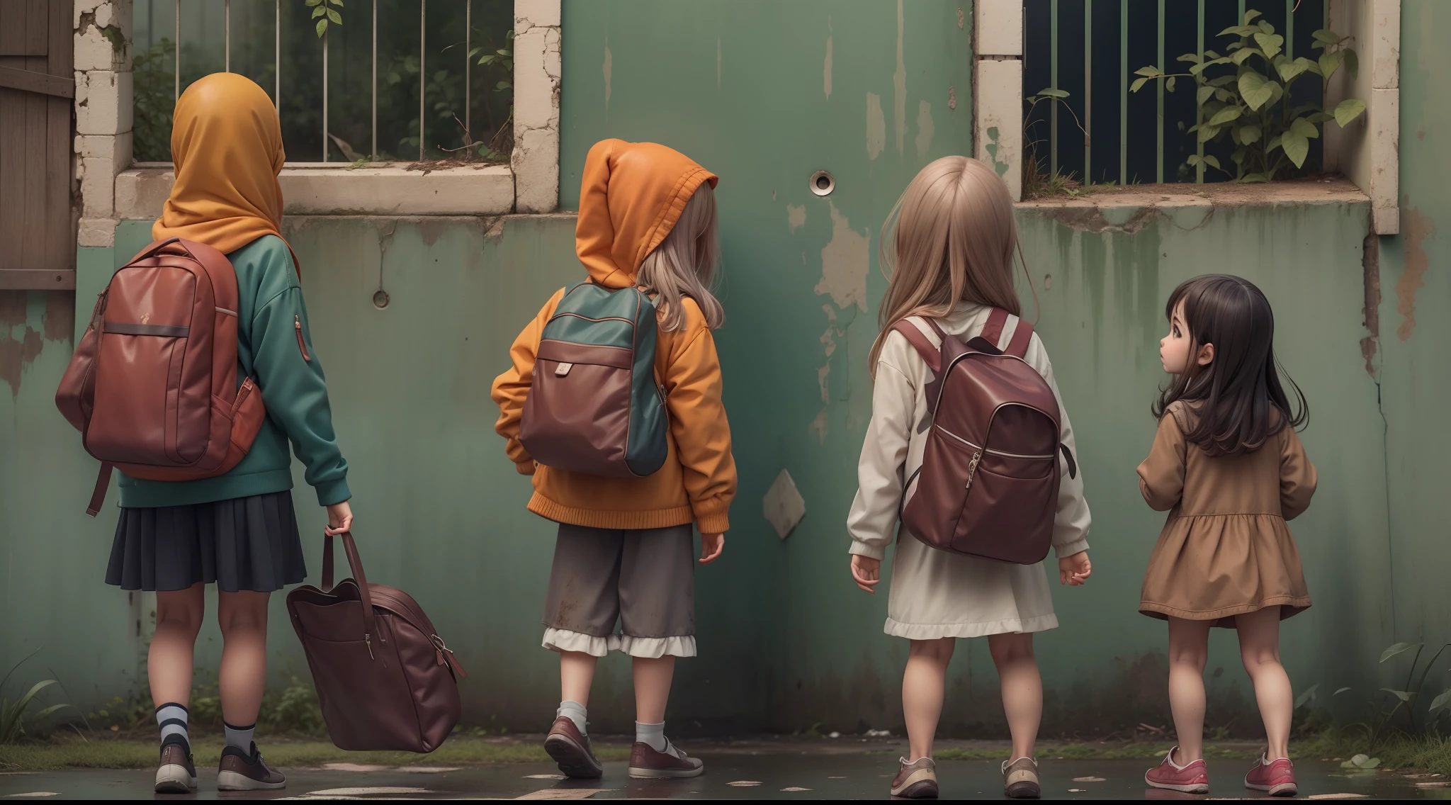 a group of four children, duas s e dois meninotindo roupas casuais e carregando mochilas, walking on a rainy street towards an abandoned and creepy house, with a rusty gate and a high wall.