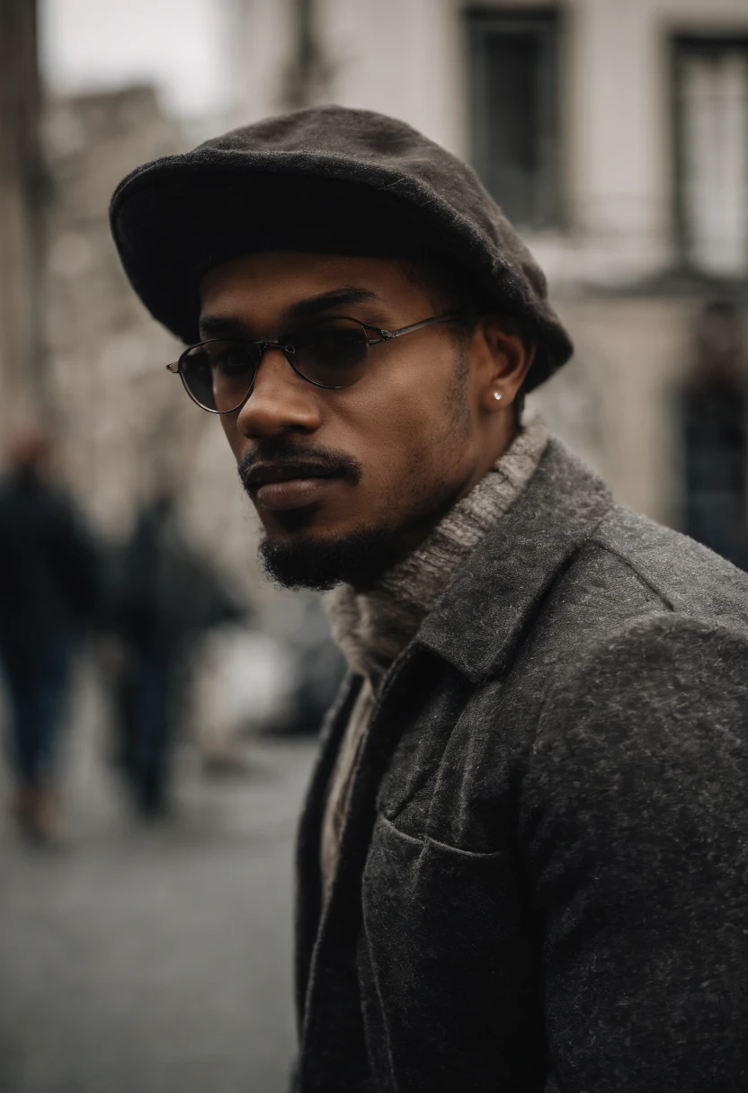 Um homem de 25 anos, gordura, barba grande, barba preta, glasses, bonnet, Standing, corpo inteiro, fotografia, realismo, Standing, roupas estilo hip hop, pele branca, roupas jovens