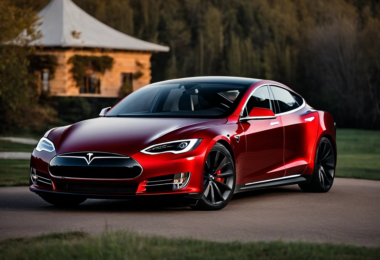 Красная Tesla Model S гиперреалистичная фотореалистичная 3D 8K 16:9