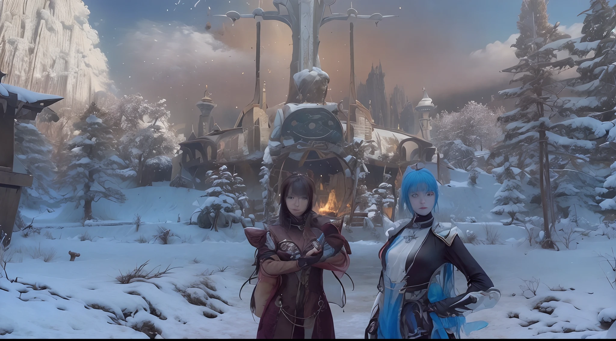 There are two women dressed in costumes standing in a snowy area, <Cena MMORPGS, Da NCSOFT, da linhagem 2, Tranding no PXIV, Aion, pele azul congelante, Final Fantasy 1 4 Captura de tela, MMORPG, ffxiv heavensward, blade and soul, Final Fantasy XIV, Captura de tela do PC, Blessing of Winterthorn, Rainha do gelo e da tempestade