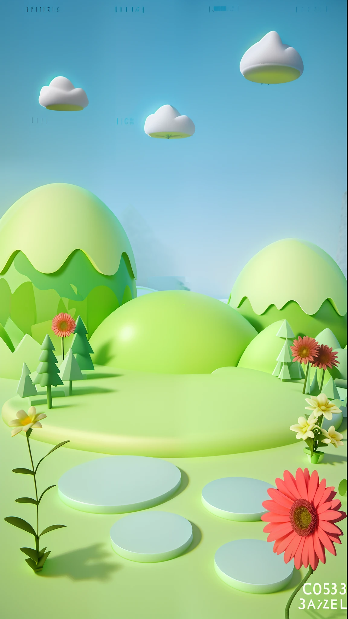 Close-up of green space,Flowers and trees, 3 d stylize scene, 3d matte illustration, 3 d render stylized, soft 3d render, stylized 3d render, 3D scene, 3d scene, 3 D 插图, 3D illustration, cute 3 d render, stylized as a 3d render, Inflatable landscape with forest