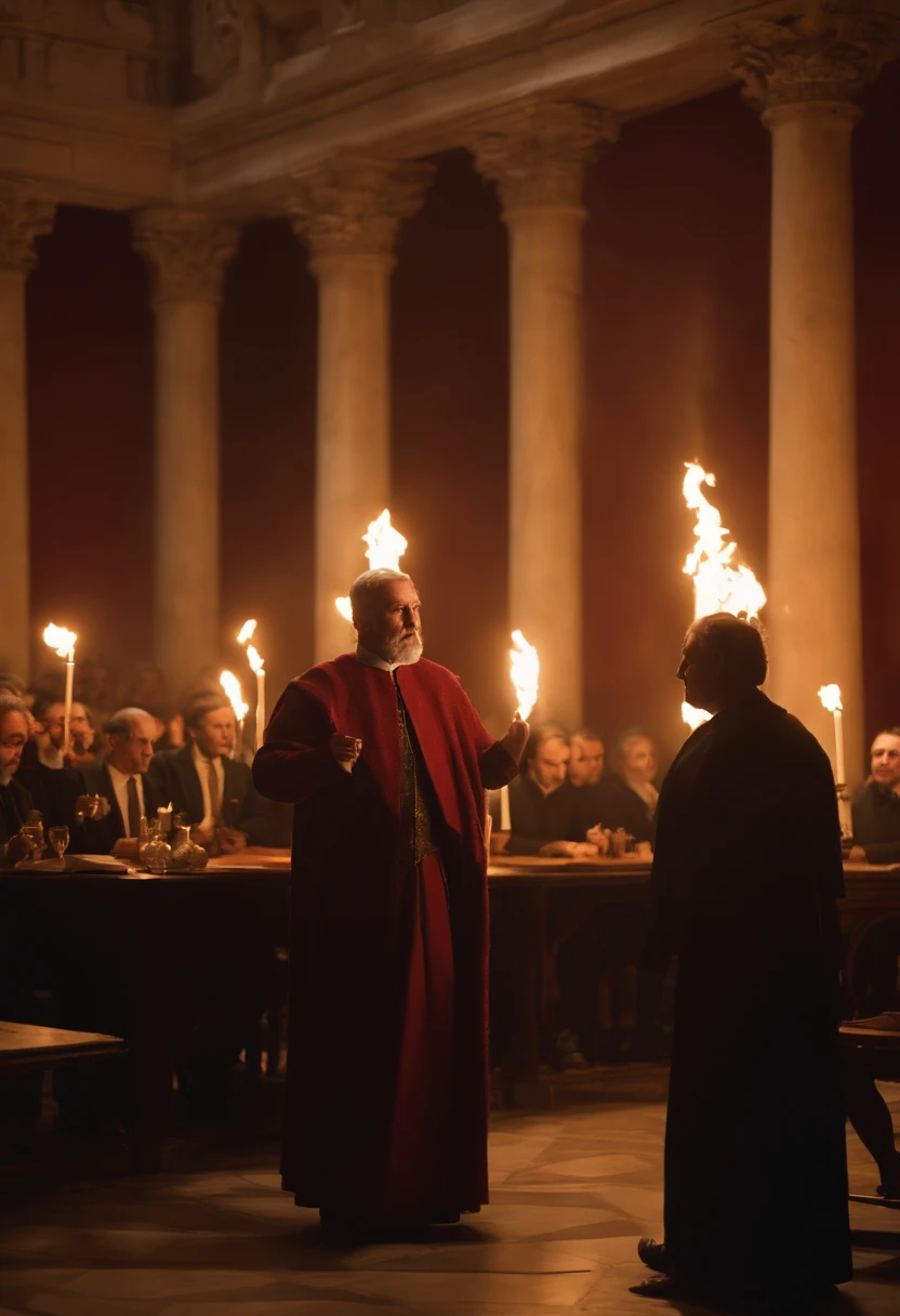 Retrato de um pai Describe a picture of Catiline giving fiery speeches at a secret meeting. The room is lit by torches, creating dancing shadows on the walls. Catilina, with burning eyes and energetic gestures, is standing in front of a table where parchments and secret documents are arranged. The meeting participants are attentive, some with expressions of admiration and others with tense faces. In the air, the sound of his passionate words reverberates, as he urges his followers to act against the Roman government.