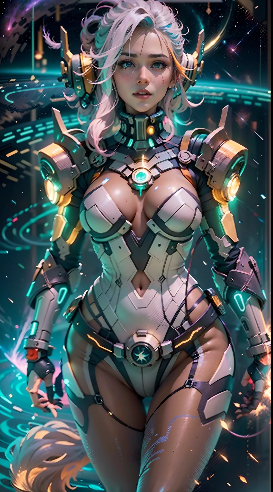 In a very grand scene，The extra-large wide-angle lens captures the appearance of a female centaur。（She is traveling through the stars：9.9），She is tall，It has the ultimate curvy beauty，The muscles are slender and firm，Beautiful lines。Her facial features are tough and coquettish，Always with a sunny smile。She wears special tight-fitting equipment with a strong sense of technology，Step on multifunctional off-road style heels，Delicate and practical protective gear is worn on the hands, feet, wrists, neck and shoulders。The detection equipment around you flashes various cue lights and neon-like information screens，Let her exude a charming brilliance。Use Midjourney's advanced tools，Design special tight-fitting equipment for female centaurs，Highlight her unique physiological characteristics and appearance details，Add realism。And in her adventure scene，Spectacular views of nature，Such as the sky where storms and sunny days alternate、Brilliant rivers of stars and auroras、The snow-capped summit of Mount Everest、Fireworks in the mountain town, etc。ao mesmo tempo，Away from the hustle and bustle of Long Beach Pier is a neon-lit spaceship docked，Create a fantastic scene。Use Midjourney's advanced tools and multiple color palettes、Brush Strokes、Texture tools and model packages，It shows a sense of atmosphere where beauty and charm coexist。The charm of the female centaur is highlighted through color and lines，Enhance realism with detailing，Create a surreal dreamy feeling。Additionally，Use Midjourney's tools to add a variety of extreme sports gear and cultural trinkets to the female centaur，Create intricate hairstyles and outfits，Give her a sense of premium。She never flinches，Regardless of the terrain，can respond quickly，Even the extreme geography and dangerous terrain of aliens cannot stop her。Use Midjourney's powerful tools，You can do it with incredible detail and beauty，Bring this ultra-grand and beautiful scene to life。Ultra-grand scenes，super wide shot， hdr，（真实感，Masterpiece quality，