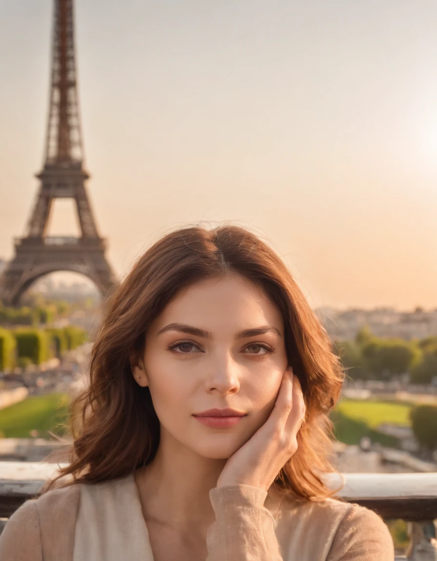 mulher (feminino) atraente proximos a torre eiffel, Cabelos castanhos, Pose atraente, Sun behind, vista atraente,medium shot