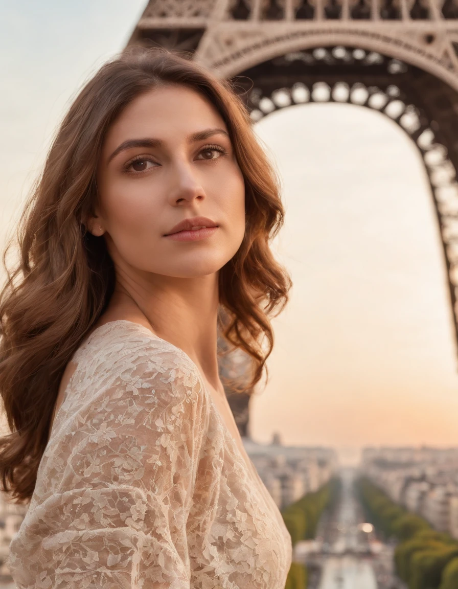 mulher (feminino) atraente proximos a torre eiffel, Cabelos castanhos, Pose atraente, Sun behind, vista atraente,medium shot