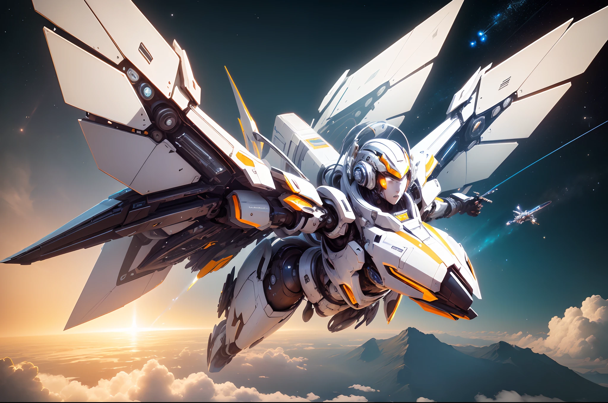 (masutepiece, Best Quality, High quality, hight resolution, Ultra-detailed), Drawing of robot with huge mechanical wings isolated on white background, (immensity_Mechanical_Wings:1.4), (thrusters:1.4), (metal_statues_body:1.3), legs are straight and stuck together,, Multiple barrels from the wing, Crystal Armor Mech, full bodyesbian, Fingers spread normally, (Flying in space:1.3), ferra white mecha, splashart, female mech, mecha art, official concept art