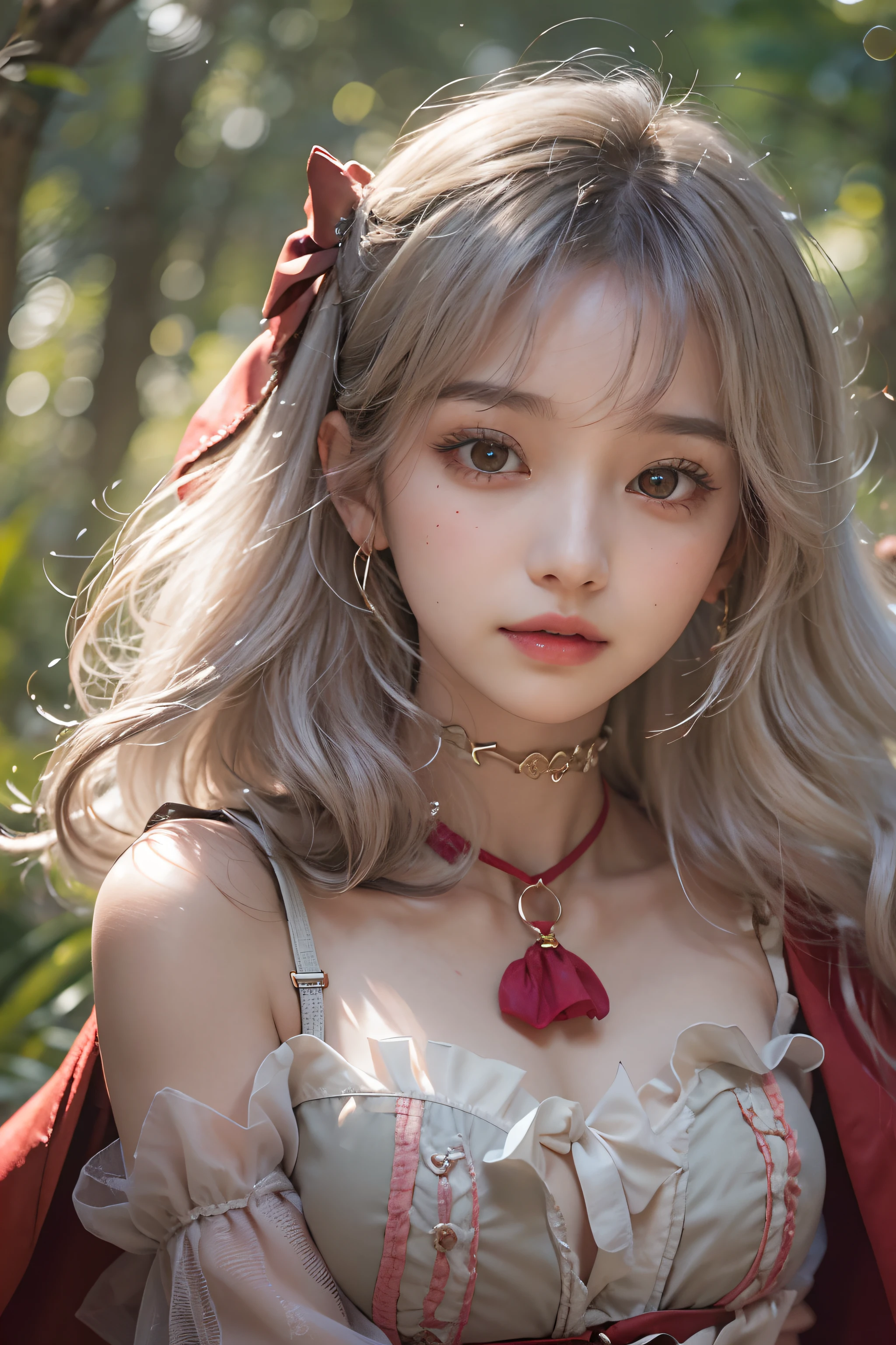 (upper bod)、(from below)、((1girl in))、(in her 20s)、((Long))、((Pattsun bangs))、((white hair))、(looking at view)、((Black see-through dress))、(corsets)、(Photoreal Stick:1.2)、in 8K、(High quality shadows)、Detail Beautiful delicate face、Detail Beautiful delicate eyes、Cute K-pop Idol、(Korean Urzan Face)、(ulzzang -6500-v1.1:0.6)、gloweyes、perfectbody、Natural color reproduction、Bright red lipstick、(a choker)、((Eyes reddish-brown))、Shiny hair、Description beautiful delicate hair、(Lustrous skin)、Beautiful stained glass、电影灯光、reflective light、