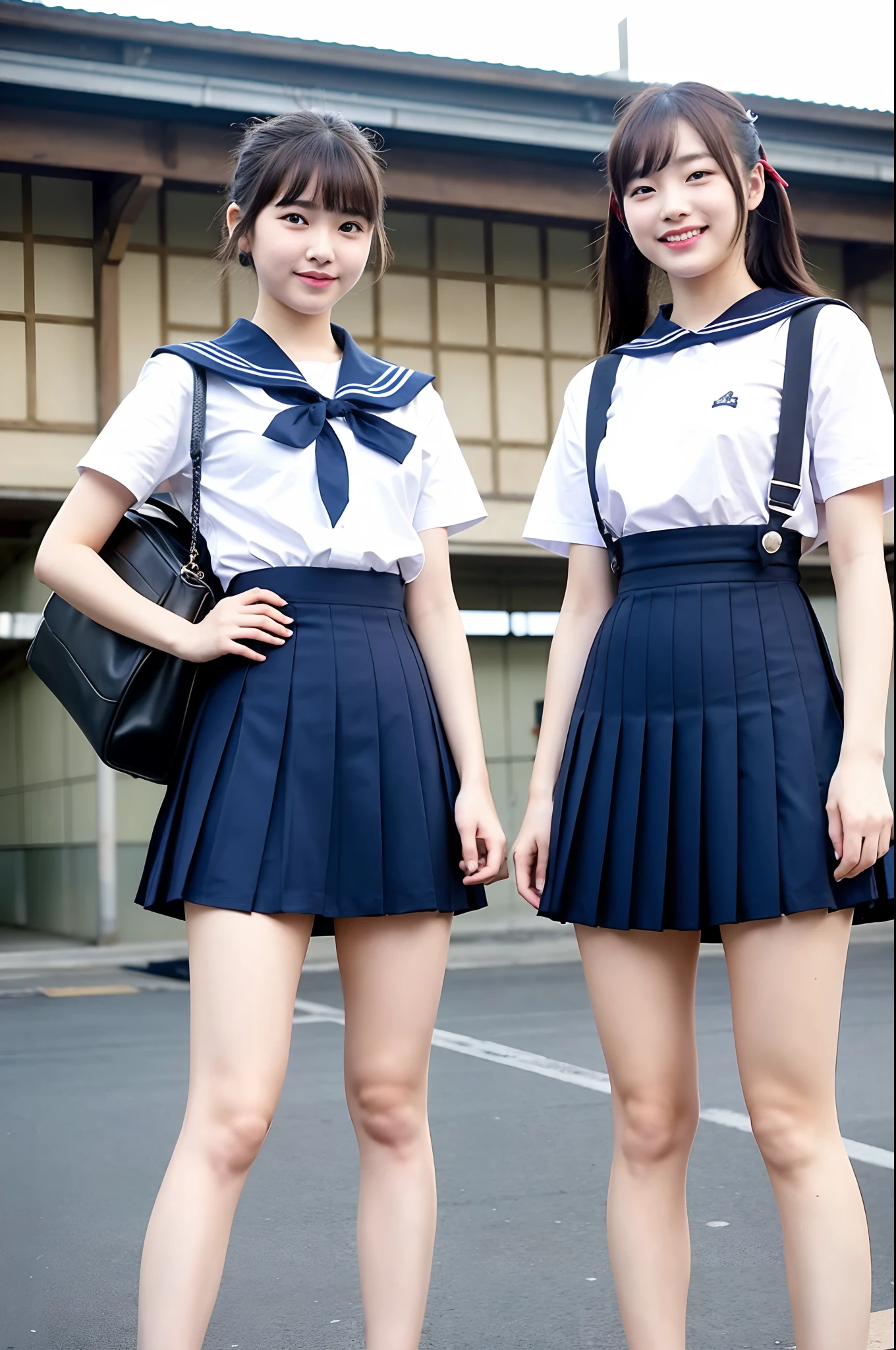 Girls in front of the old Japan station,White Sailor School Shirt,Navy blue high waist pleated skirt,Bow with a thin dark red ribbon on the hair,School bag,18year old,Bangs,A little smile,Knees,short cut hair,Low ponytail,White High Socks、Brown loafers