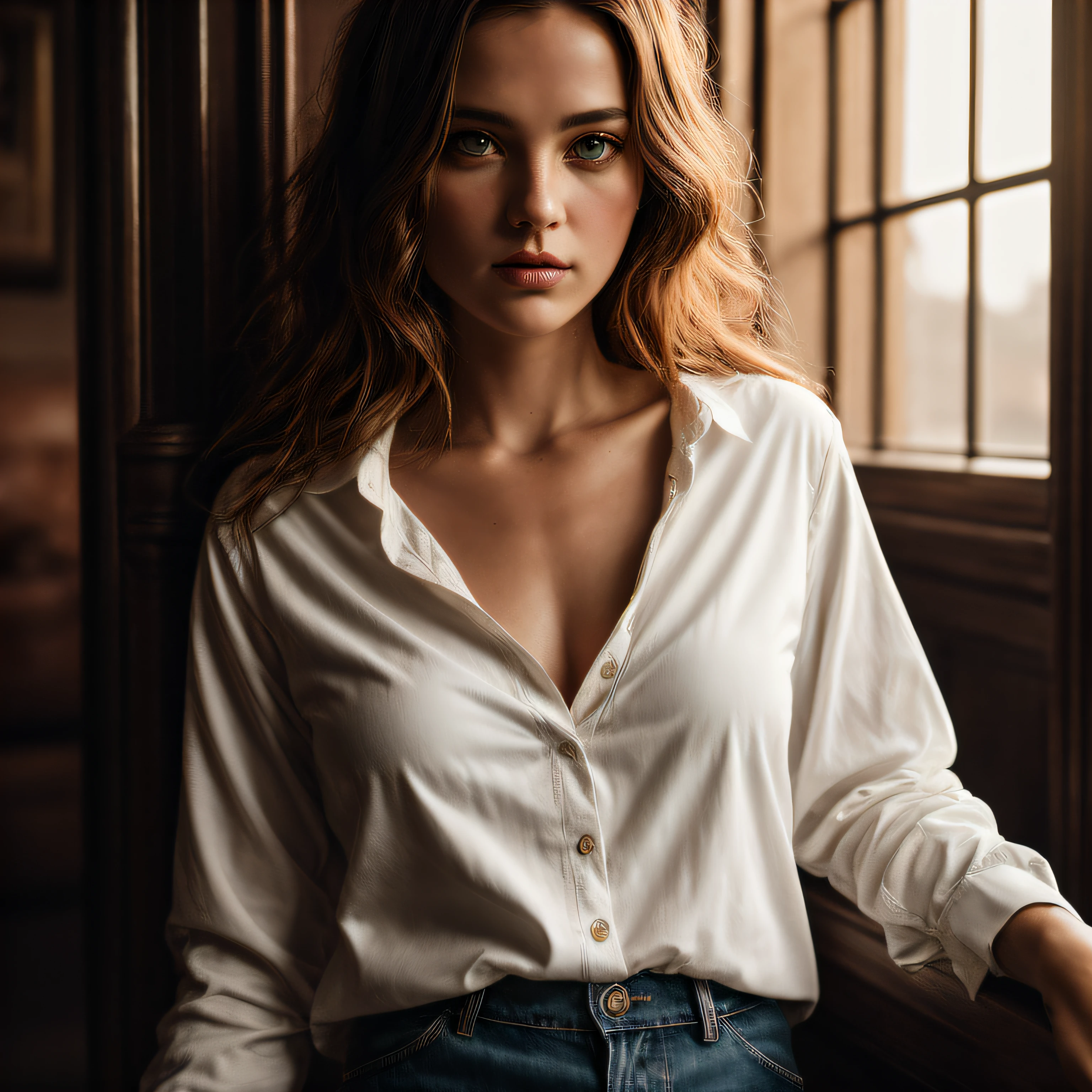 potrait of fullbody a european woman, 1 girl, wearing white clean long shirt and jean skirt, no font, ginger hair, gothic livingroom, natural skin texture, 24mm, 4k textures, soft cinematic light, RAW photo, photorealism, photorealistic, intricate, elegant, highly detailed, sharp focus, ((((cinematic look)))), soothing tones, insane details, intricate details, hyperdetailed, low contrast, soft cinematic light, dim colors, exposure blend, hdr, faded