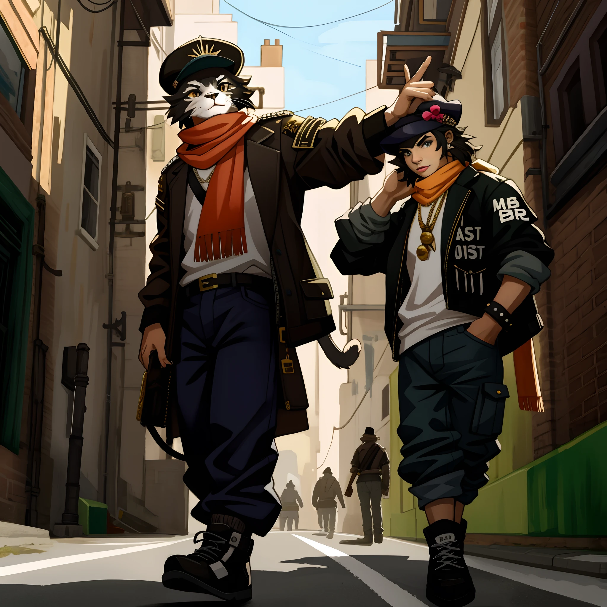 highres, top quality, best quality, paid reward available, High-quality illustrations, unparalleled masterpiece, perfect artwork, absurdres, a painting of a cat wearing a hat and scarf, trending in the art station, dressed in punk clothes, detailed hyper realistic rendering, british gang member, street style, intimidating pose, planet of the cats, clothes with fashion, urban samurai, meow, west slavic features, good lighting, cinematic shadow, dynamic angle,