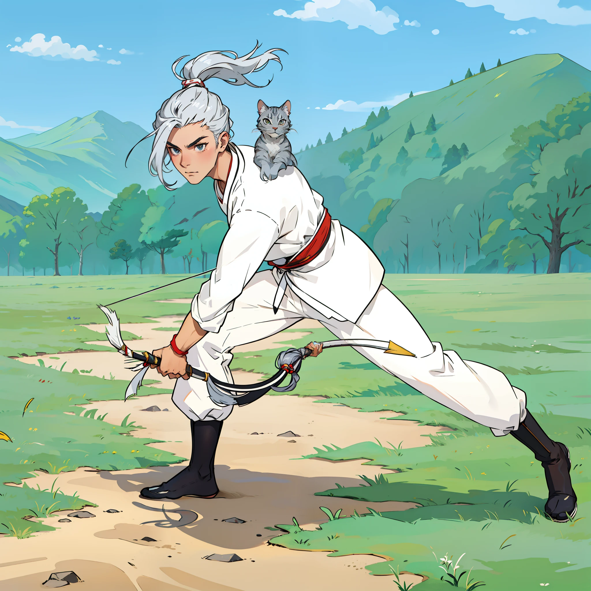 A boy 17 years old with silver hair, wear white wuxia outfit, white pants, wuxia black shoes, chrome hand shield, hold bow in the left hand and arrow in the right hand, there's a little grey cat in his shoulder
