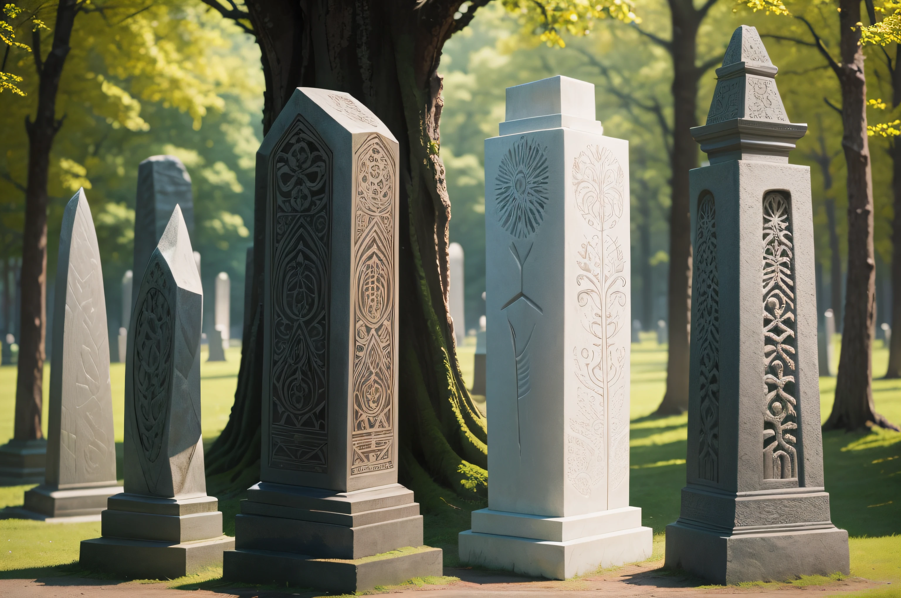 A set of standing stones with intricate carvings cut into them