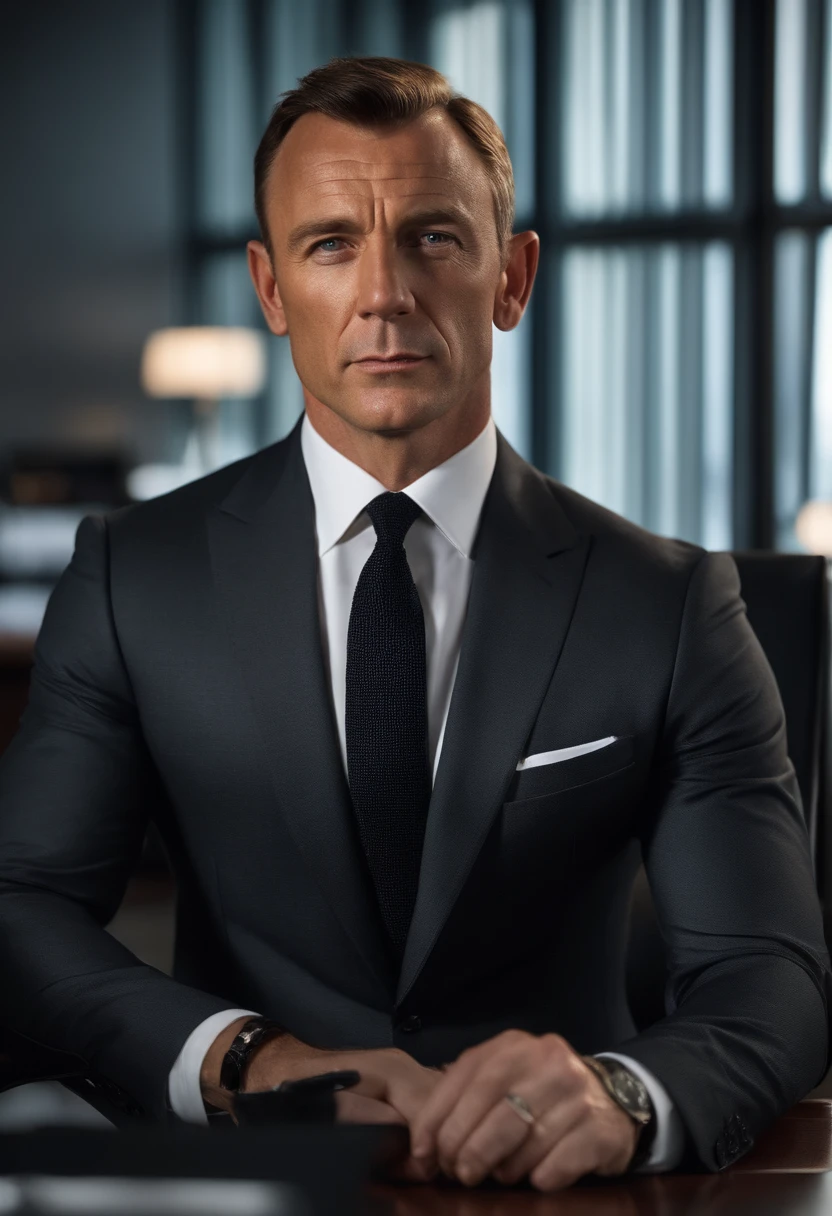 James Bond A professionally dressed male in his mid-40s, featuring short, 1-inch buzzed hair that is slightly receding and thin. The hair has subtle grey streaks. He's wearing a well-tailored dark grey three-piece suit, complete with a vest, jacket, and trousers. His black collared shirt and matching tie are tastefully chosen to work well with the suit. The backdrop is a realistic high-rise office setting, giving the impression that this is a professional portrait taken at his desk.