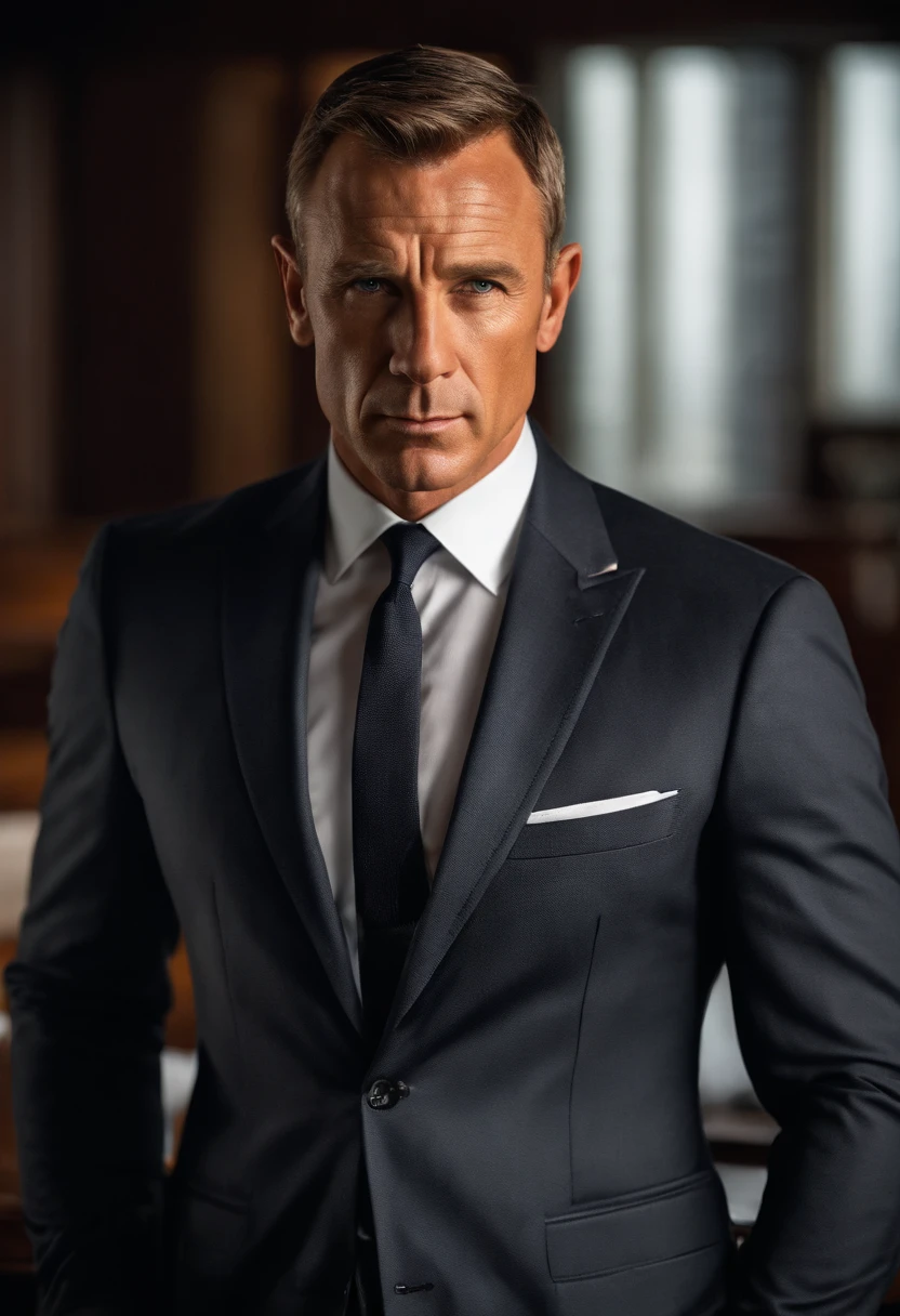 James Bond A professionally dressed male in his mid-40s, featuring short, 1-inch buzzed hair that is slightly receding and thin. The hair has subtle grey streaks. He's wearing a well-tailored dark grey three-piece suit, complete with a vest, jacket, and trousers. His black collared shirt and matching tie are tastefully chosen to work well with the suit. The backdrop is a realistic high-rise office setting, giving the impression that this is a professional portrait taken at his desk.