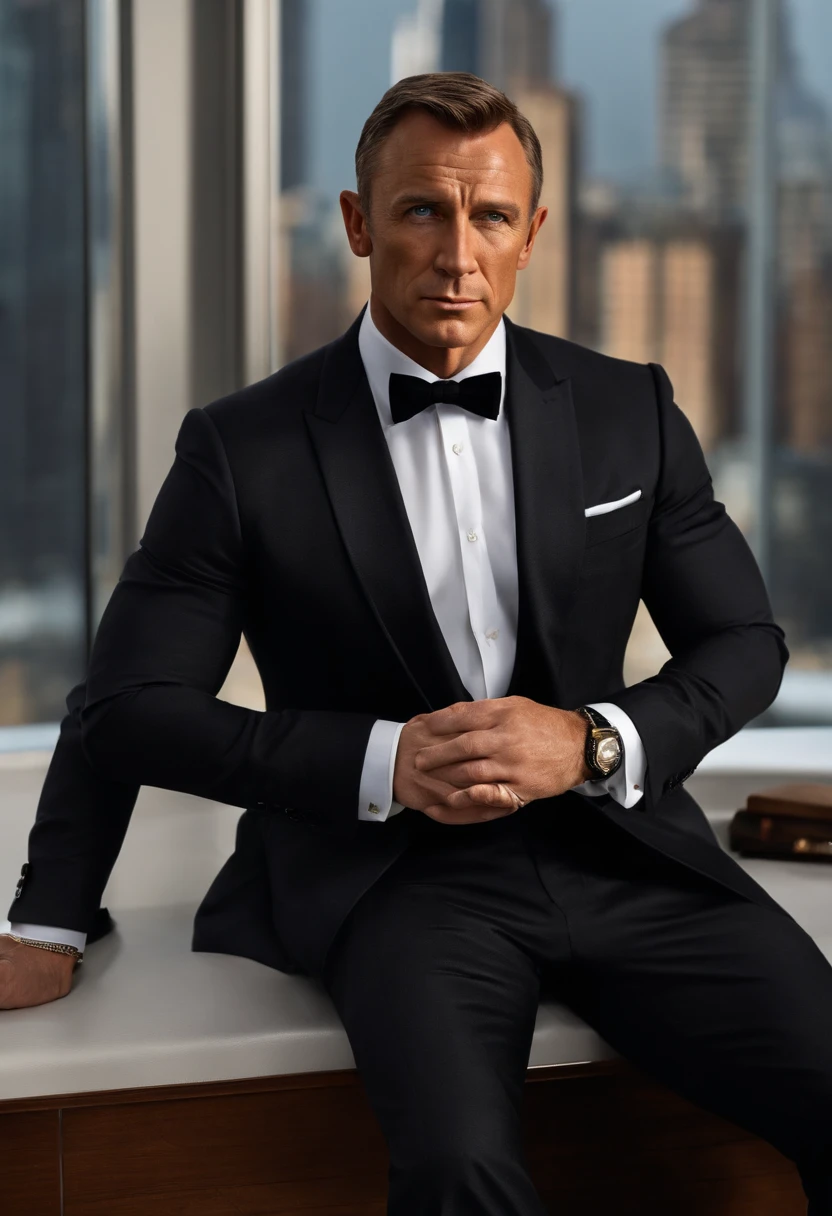 James Bond A professionally dressed male in his mid-40s, featuring short, 1-inch buzzed hair that is slightly receding and thin. The hair has subtle grey streaks. He's wearing a well-tailored dark grey three-piece suit, complete with a vest, jacket, and trousers. His black collared shirt and matching tie are tastefully chosen to work well with the suit. The backdrop is a realistic high-rise office setting, giving the impression that this is a professional portrait taken at his desk.