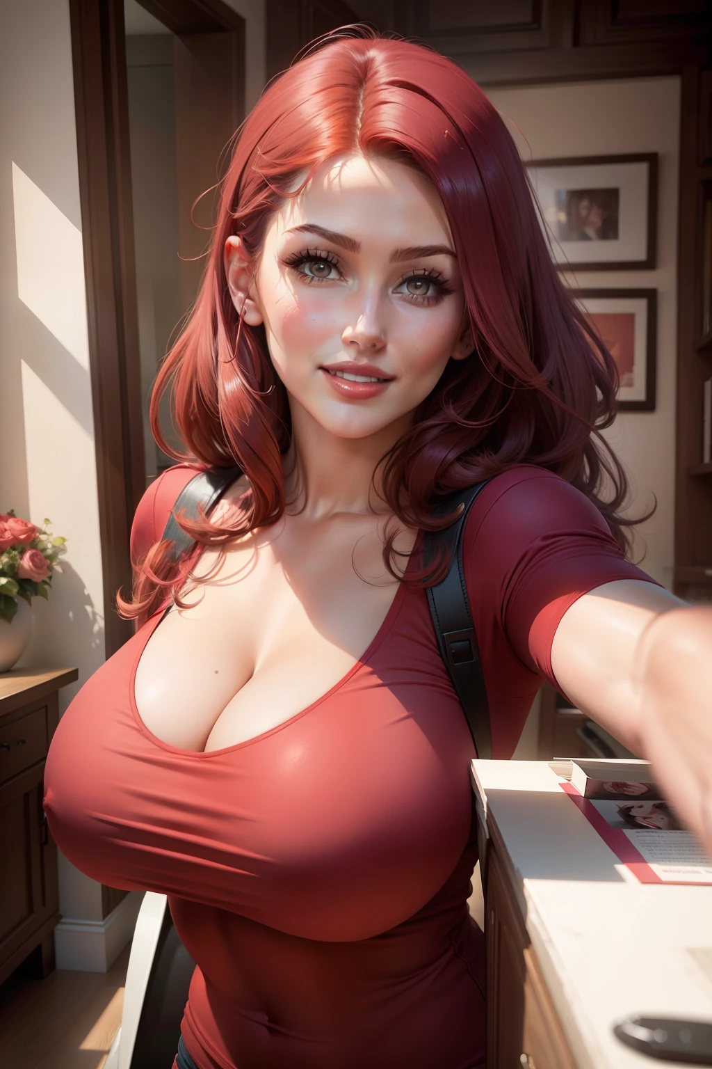 lucy pinder, portrait, maroon hair, face portrait, cleavage, coral t-shirt, red lips, smiling, sexy, full lips