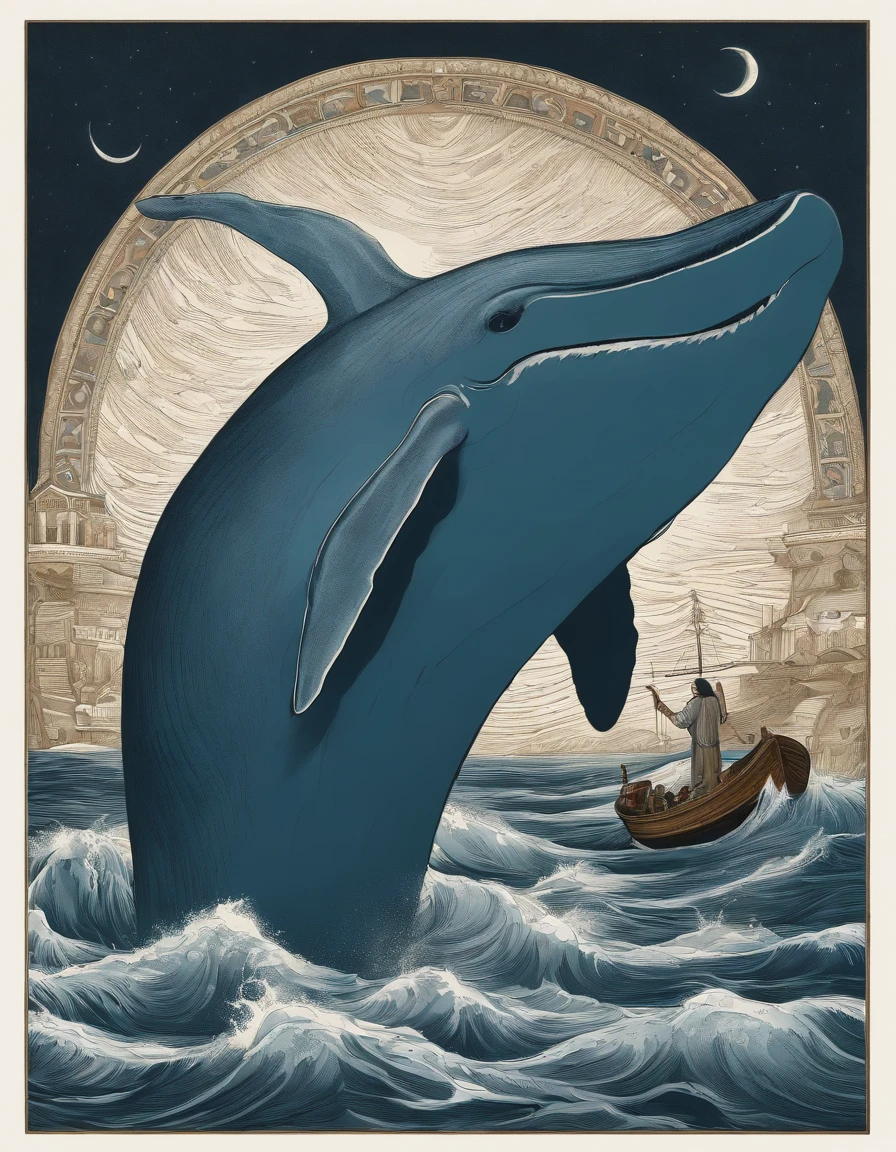Draw a vivid Jonah scene, Prophet of God, A moment of desperate prayer in the huge belly of a giant whale.
Jonas knelt wet, Slippery ground, Illuminated by the dim light entering from the whale's mouth.
he is wearing ragged clothes，The facial features exude pain and humility.iintricate、high detal、dramatics、（Volumetriclighting：1.2）hdr shot。（Close-up，Super deep view，ultra-wide-angle，Microfocal length lens：1.2）（realisticlying：1.4）tmasterpiece、high high quality、Beautiful photography
Around Jonas, The inner walls of whales are rough, Moist texture, Some kind of marine residue is visible.
Jonah raised his hand in prayer, tear in her eyes, For His Word is addressed to God.
The figure of the giant whale hovers above Jonah, Show His greatness and darkness, In stark contrast to the smallness and fragility of the prophet.