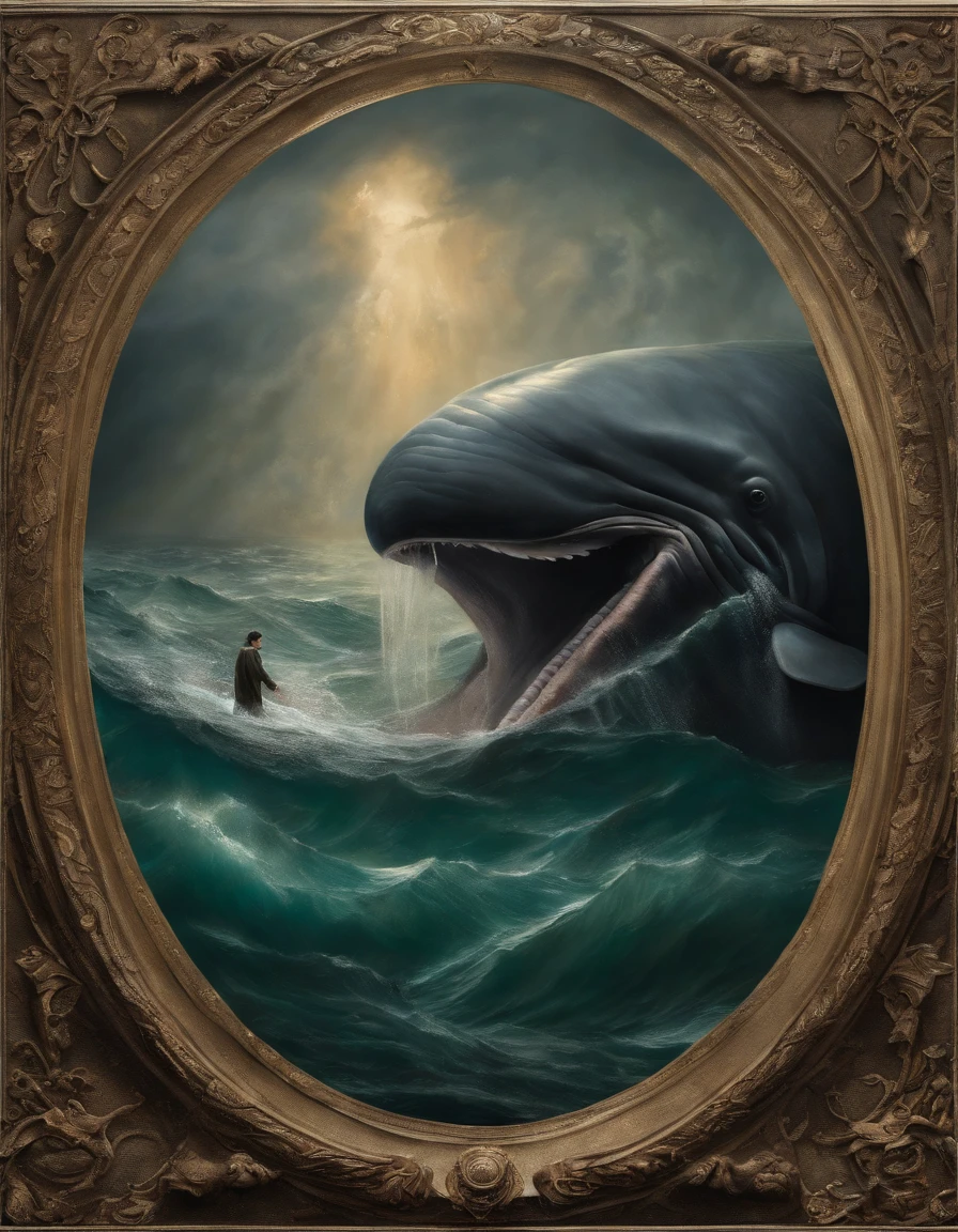 Draw a vivid Jonah scene, Prophet of God, A moment of desperate prayer in the huge belly of a giant whale.
Jonas knelt wet, Slippery ground, Illuminated by the dim light entering from the whale's mouth.
he is wearing ragged clothes,The facial features exude pain and humility.iintricate、high detal、dramatics、(Volumetriclighting:1.2)hdr shot。(Close-up,Super deep view,ultra-wide-angle,Microfocal length lens:1.2)(realisticlying:1.4)tmasterpiece、high high quality、Beautiful photography
Around Jonas, The inner walls of whales are rough, Moist texture, Some kind of marine residue is visible.
Jonah raised his hand in prayer, tear in her eyes, For His Word is addressed to God.
The figure of the giant whale hovers above Jonah, Show His greatness and darkness, In stark contrast to the smallness and fragility of the prophet.
