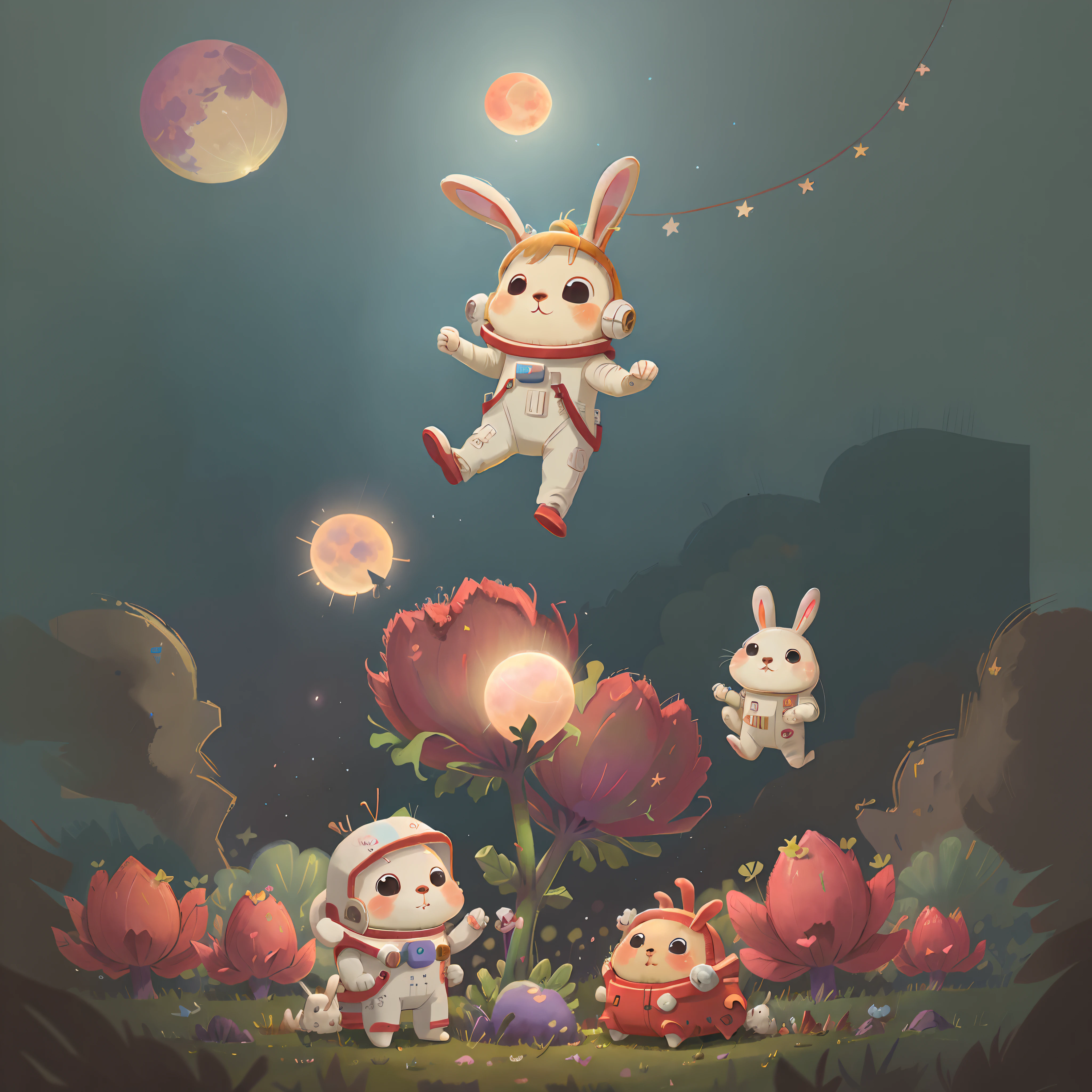 (2 cute rabbits in spacesuits:1.37), (Rhubarb Moon:1.37), (Deep blue starry sky:1.2), Astronauts in space，Flag in hand, The flagpole is planted on the moon, Flags flying in the air, space walk scene, astronaut on the moon, Flying in space, moon mission, on the surface of the moon, Meteor craters, landing on moon, Floating in outer space, constellation, Perfect quality, Clear focus (Clutter - home: 0.8), (Masterpiece: 1.2), (Realistic: 1.2), (Bokeh), (Best quality), (Detailed skin: 1.3), (Complex details), (8K), (Sharp focus), Clean background, White background