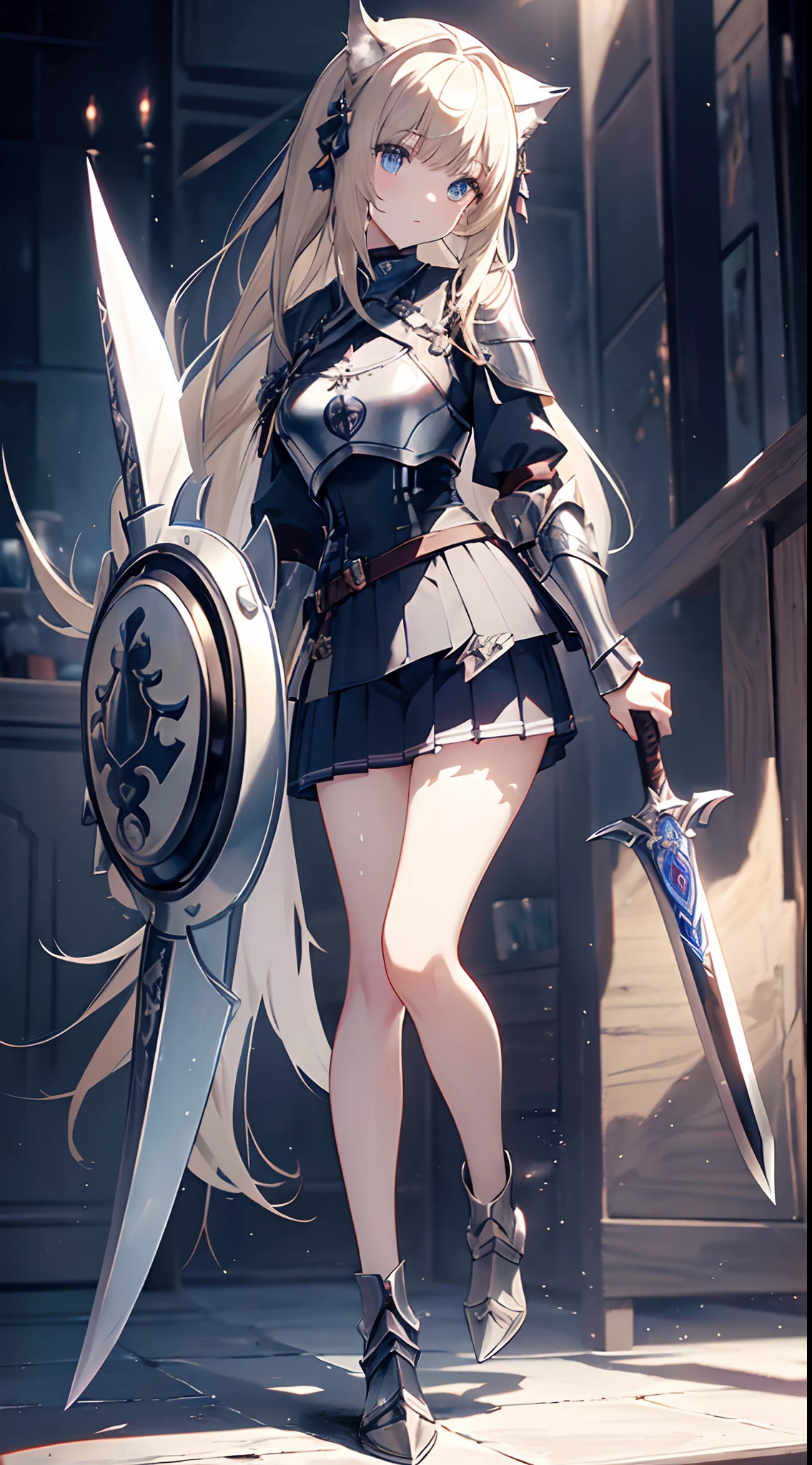 bright expression、poneyTail、Young shiny shiny white shiny skin、Best Looks、Blonde reflected light、Platinum blonde hair with dazzling highlights、shiny light hair,、Super long silky straight hair、Beautiful bangs that shine、Glowing crystal clear attractive big blue eyes、Very beautiful nice cute girl、Lush bust,Beautiful detailed eyes, beautiful detailed nose,(( Full body:1.25)),Makeup that the eyes emphasize、((Pleated skirt with many folds:1.3)),(Women like Joan of Arc:1.3)、(s Armor:1.3)、Knights, (With a sword and shield:1.2),Royal style,Comic style, , Sub-surface scattering, ornate detail, nature backdrop, Hyper-realistic, Cinematic, Dramatic Lighting, masutepiece、(Armor with a wolf motif)、(Wolf emblem in armor:1.5)、