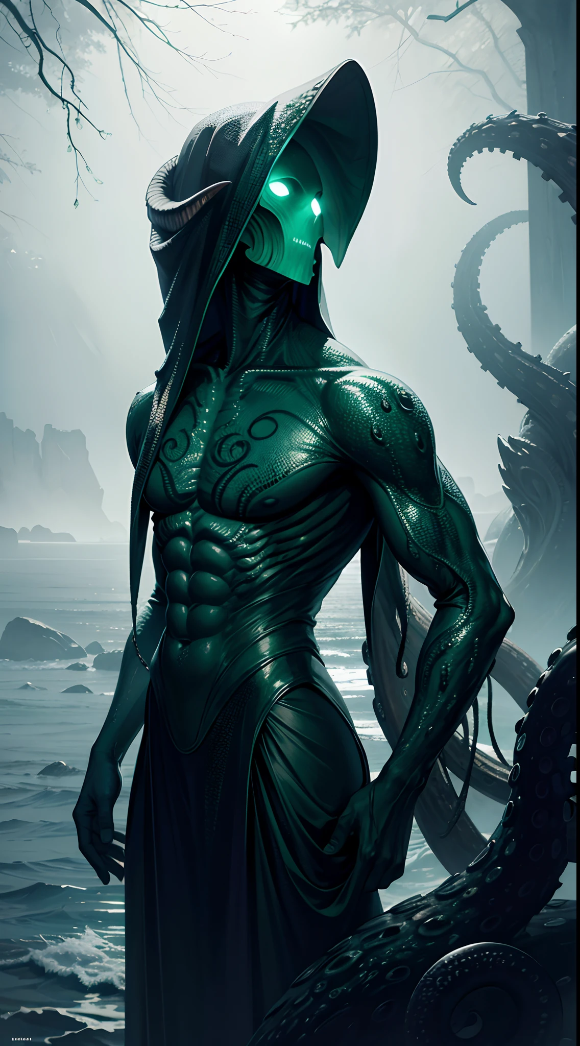 Cthulhu, The squid-headed alien god and the sprawling limbs of H . P. Lovecraft, venant envahir le monde humain, surrounded by a greenish mist coming from the stormy sea. Humans flee its presence. Overall view, ambiance froide dans les vert et bleue avec de la brume. Realistic Photography . capture dans le style photographique d'Alexandria Ramon, master piece, Photo brute, beste-Qualit, ultime illustration, Ultra-detailed, 16k, extremly detailed.