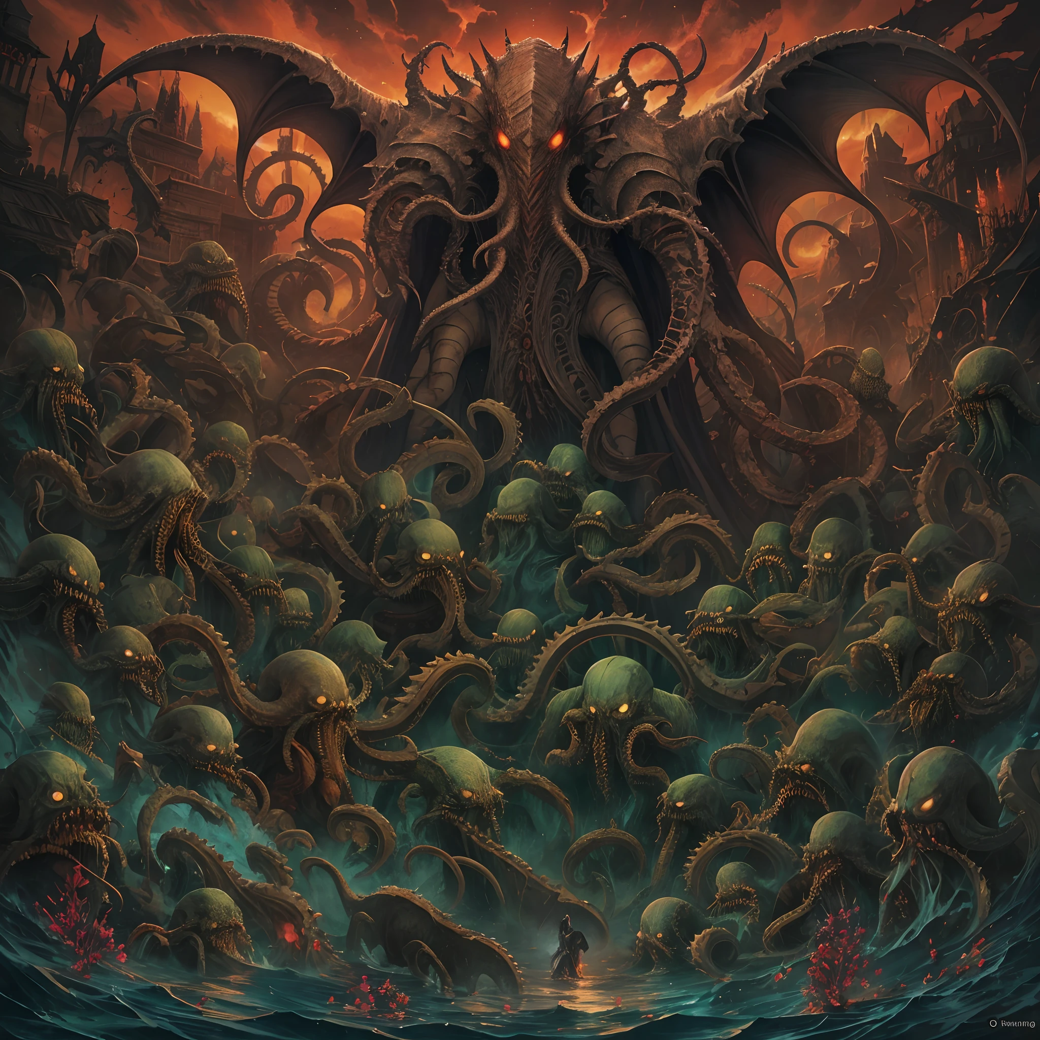 vast angle of underground dark valley, biomechanical buildings, Intrincated evil sculptures, ruins and thorns and obscure walls. Satanic temple, pentagram on the ground and polluted river, obscured by the sun. Horror art, hyperdetailed painting, color drawing. Art by Dan Seagrave