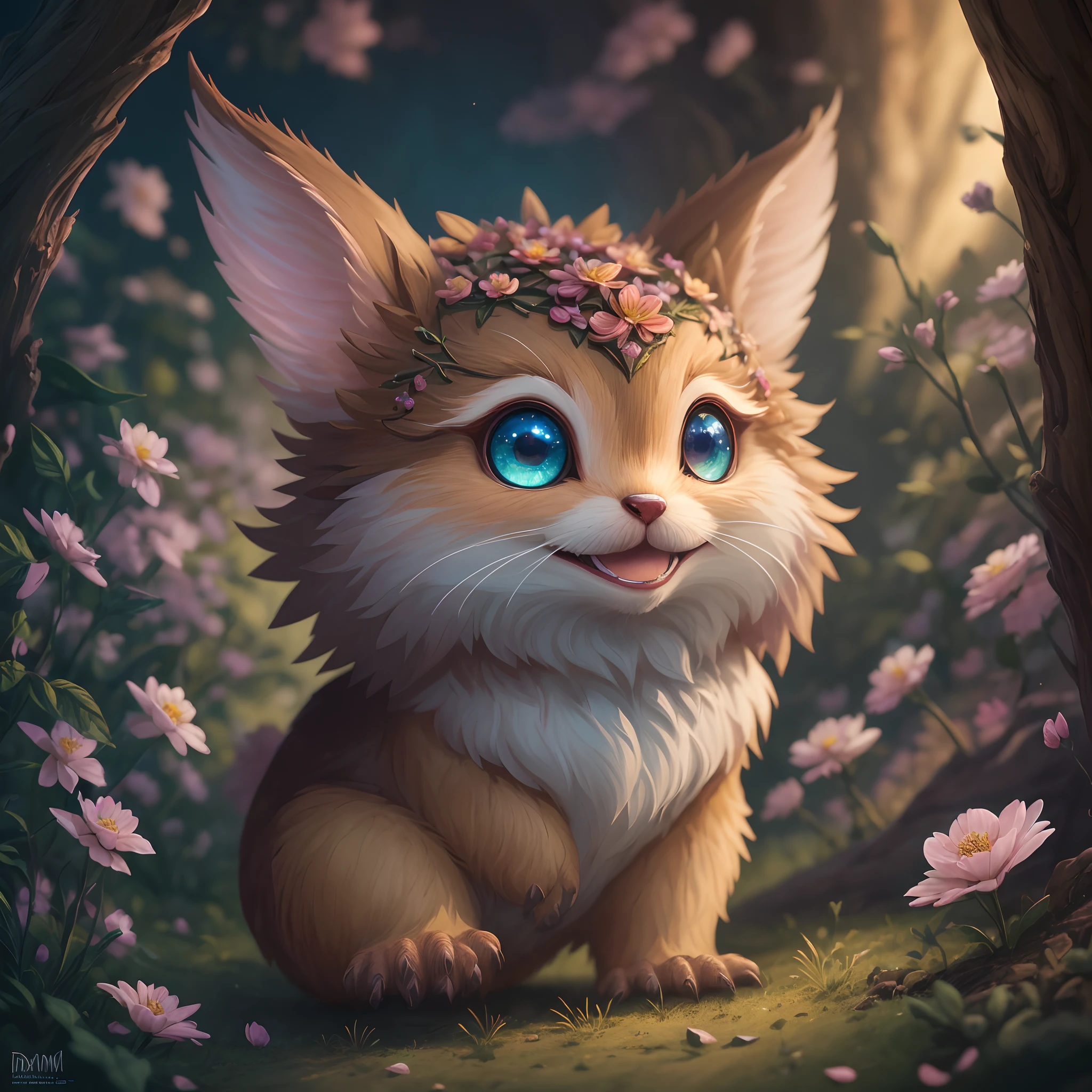 little cute woodcreature, little petals, smiling, digital art, highly detailed. fantasy, centered, symmetry, painted, intricate, volumetric lighting, beautiful, rich deep colors masterpiece, sharp focus, ultra detailed, in the style of dan mumford and marc simonetti, astrophotography --auto --s2
