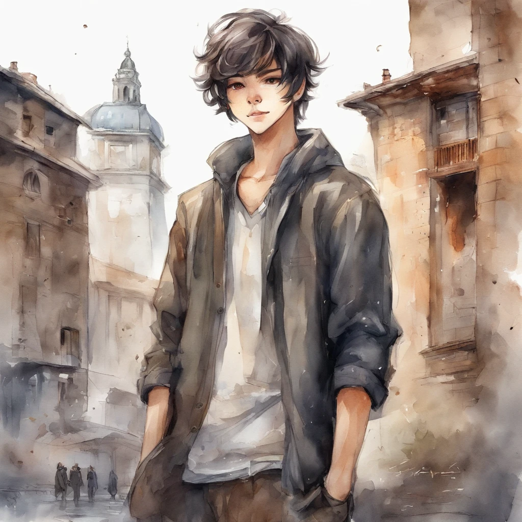 Anime Characters Style Like Teruto Kurabe , Anime Style Boy, Expresive Brown eyes, Best Quality, Black hair, Using School Clotch, Standing In Front of City Building, Expresive eyes, HD 4K