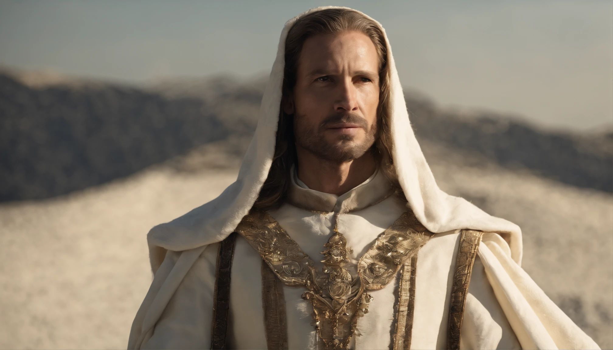 Messiah,Lord Christ Jesus,In the sacred temple,Draped in a white cloak,Overhead halo,divinelight,God Ray,dingdall effect,ue5 render,Ray traching,Hyper-realistic,Cinematic level effects,85mm focal length, F1.2 apertures,The face is rich in detail,Complete hands