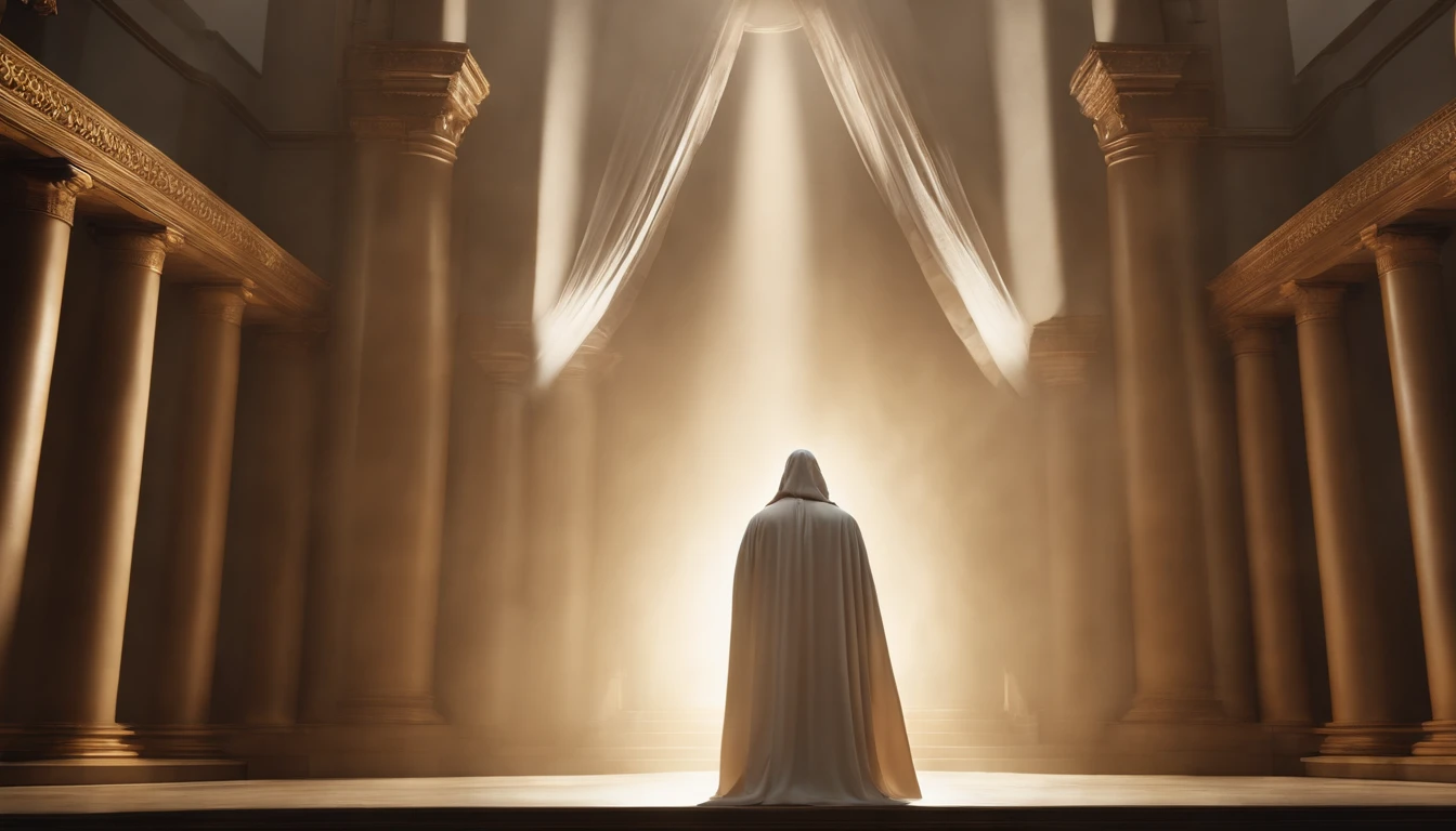Messiah，Lord Christ Jesus，In the sacred temple，Draped in a white cloak，Overhead halo，divinelight，God Ray，dingdall effect，ue5 render，Ray traching，Hyper-realistic，Cinematic level effects，85mm focal length， F1.2 apertures，The face is rich in detail，Complete hands