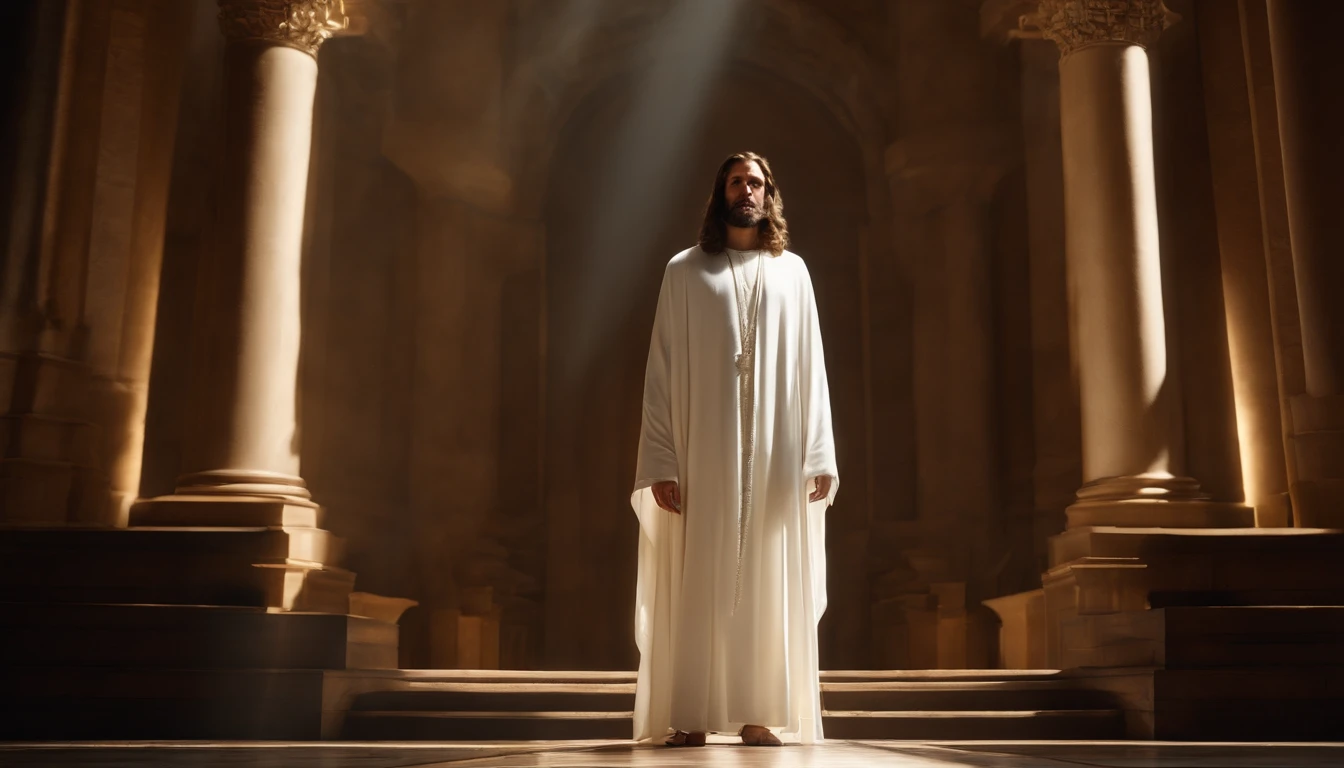 Messiah,Lord Christ Jesus,In the sacred temple,Draped in a white cloak,Overhead halo,divinelight,God Ray,dingdall effect,ue5 render,Ray traching,Hyper-realistic,Cinematic level effects,85mm focal length, F1.2 apertures,The face is rich in detail,Complete hands