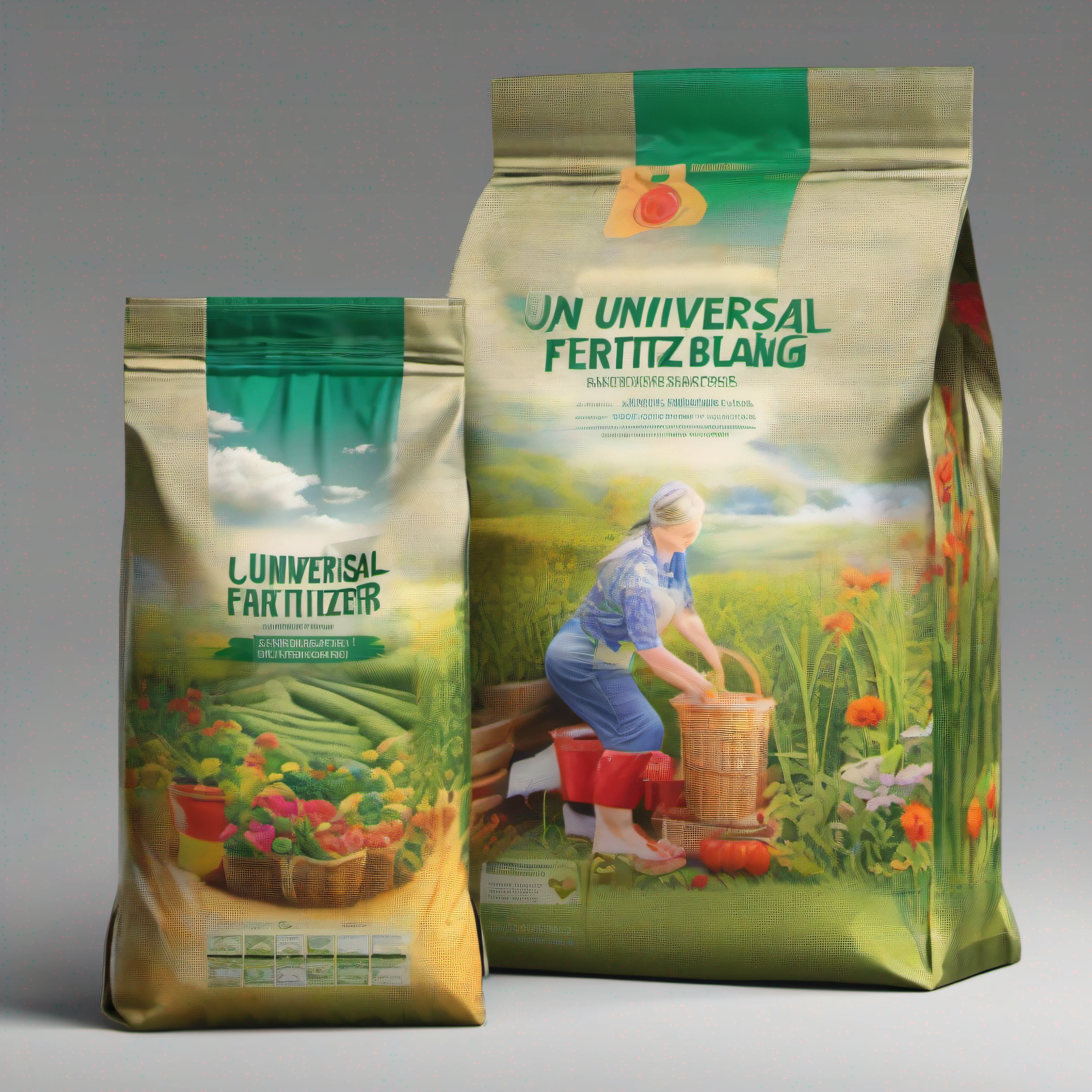 Universal fertilizer packaging bags, Solid, standing on your feet, Renderings, There is a base, Has folded edges, Klein color matching, surrealism, cubismo, stereograms, hyper HD, Masterpiece, ccurate, Textured skin, Super detail, High details, High quality, A high resolution, Best quality, Award-Awarded, 16k