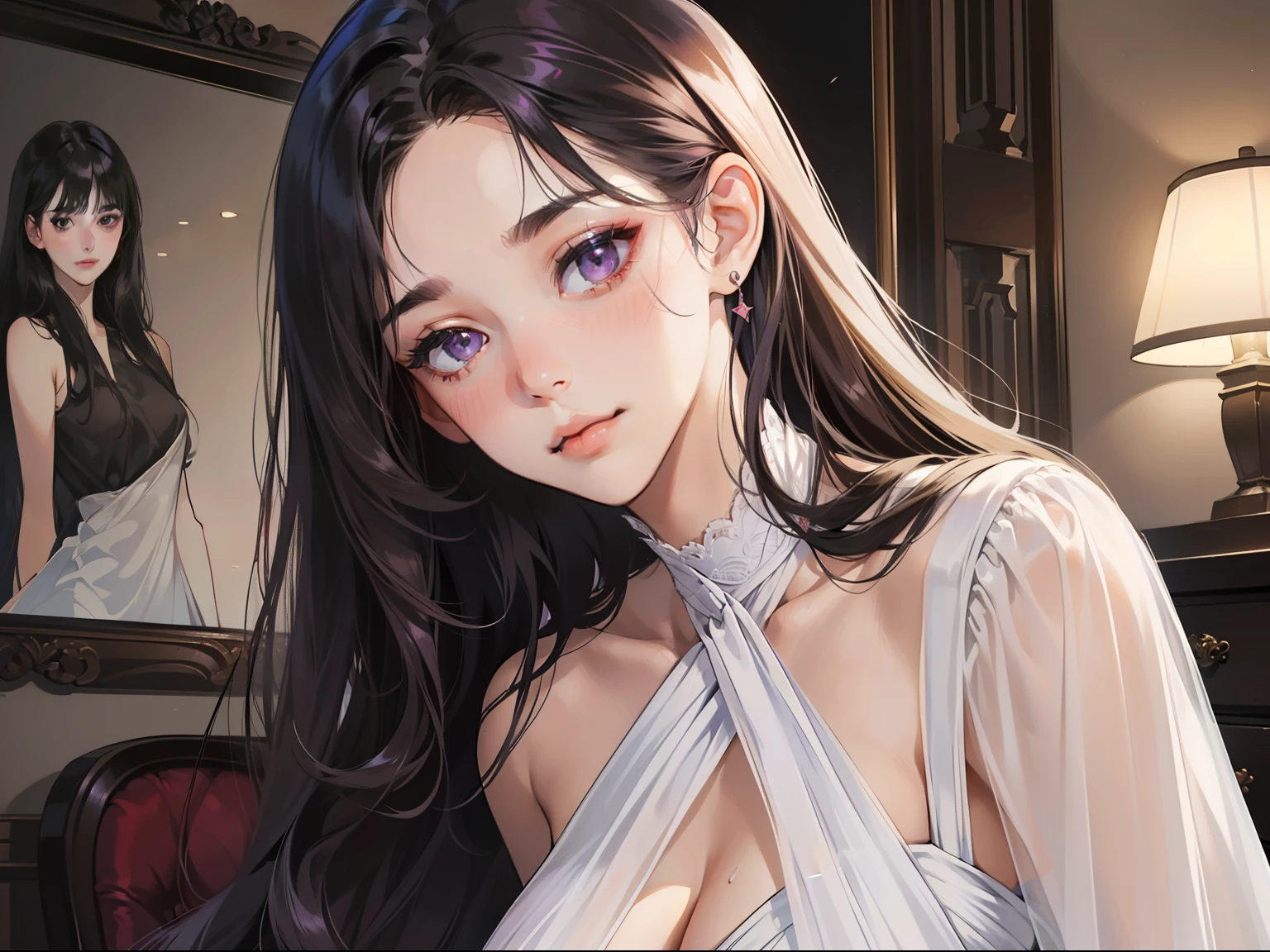 masterpiece, best quality, realistic, mature female, shy, 25 years old, closed mouth, portrait, extremely detailed face, warm, (dark purple eyes), ((Black long hair), ((front bangs hair)), [thin eyebrows], bedroom, ((sexy white dress)), slight makeup, soft smile, ear blush, light blush, 4k, big tits