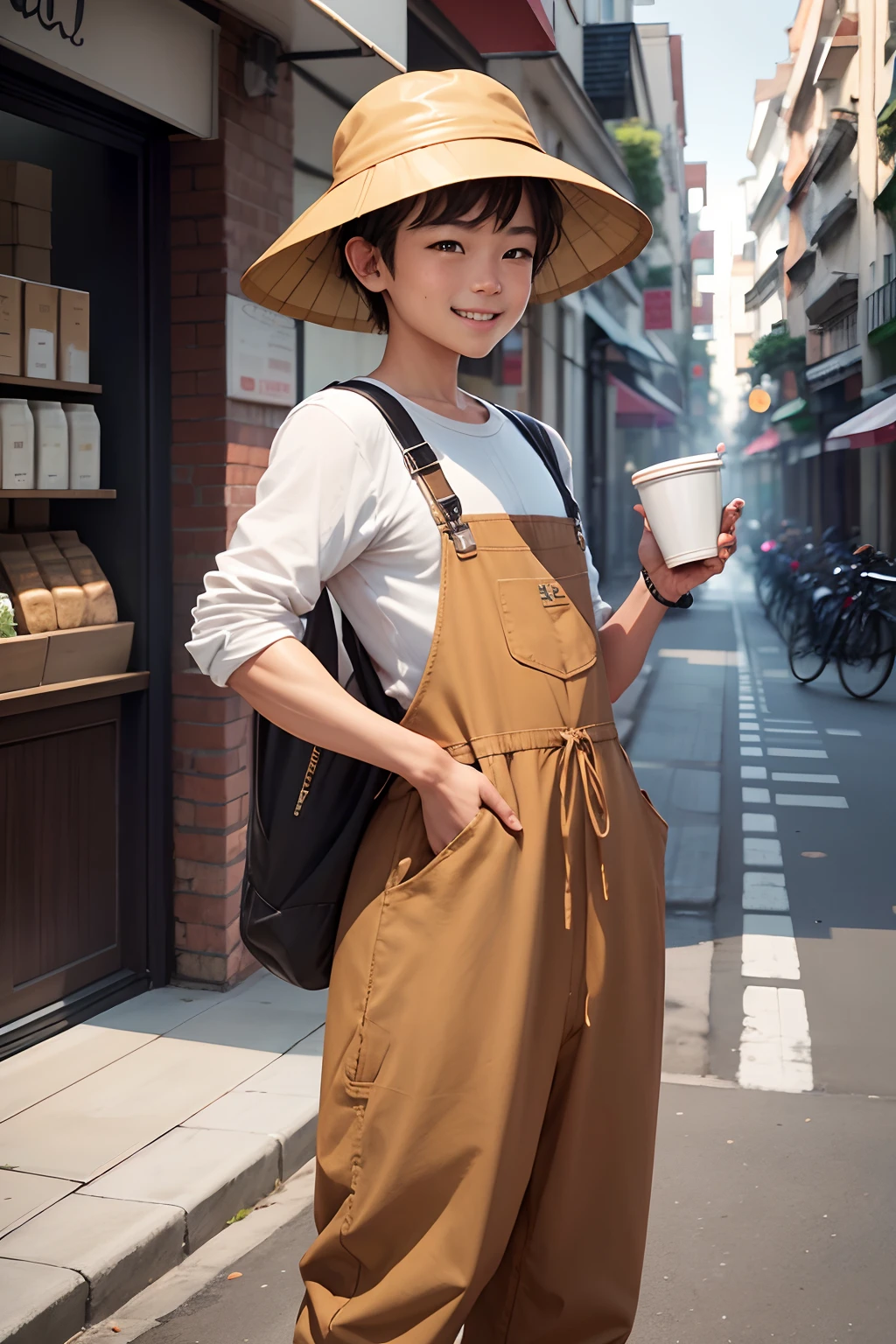 Cute boy standing on the sidewalk with a conical hat and a cup of Vietnamese coffee in his hand, cheerful eyes, loving life, cheerful, natural, beautiful smile, bib, leather apron, milk and mocha style , brown clothes, cute big pockets, two front pockets, bib, apron and visor starbucks, work clothes, brown :-2, apron, work clothes, artist wearing overalls pants, brown pants, brown pants