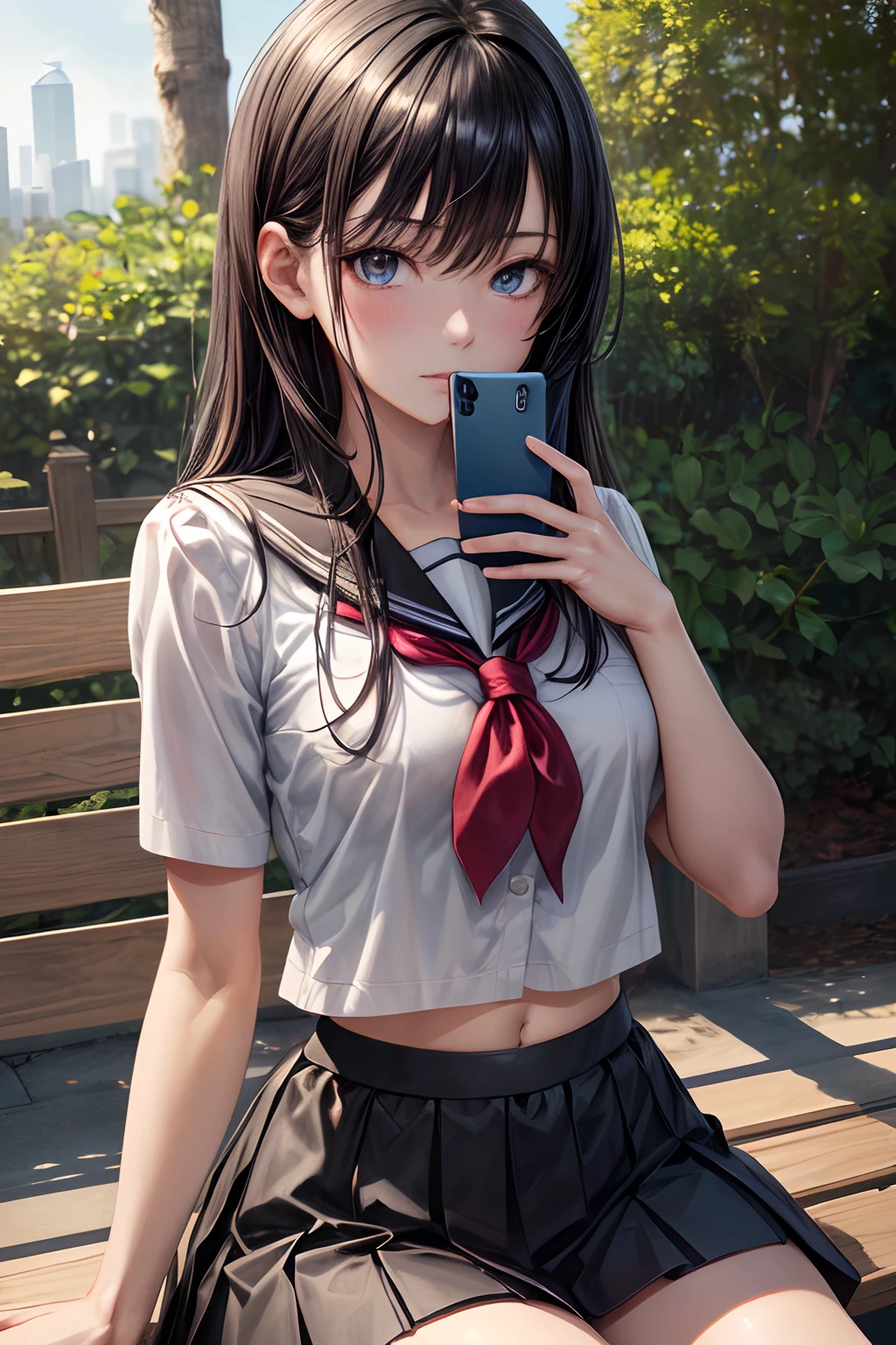 Photo_Comparison, (masterpiece, best quality, highly detailed, ultra detailed, high resolution, absurdres, 4K, 8K:1.2), (official art, incredibly fine illustration, extremely detailed CG, detailed background, professional lighting, dynamic angle, perfect hands, detailed shiny skin, detailed hair, detailed eyes), 1 girl sit at a bench at park, 
break
Girl in uniform, serafuku, White shirt, Black skirt, Black hair, Shiny hair, Shiny skin, 
break
phone, cellphone, smartphone, holding, (Picture, Nude, sex, vaginal),
