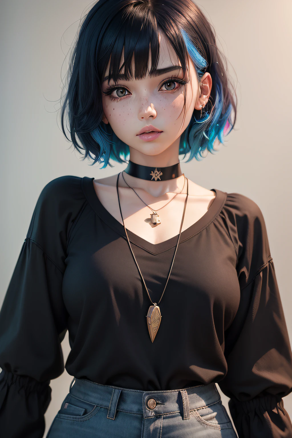 masutepiece, Best Quality,。.3D Lending Works ,。.3DMM Style,close-up,Portrait, 。.3D,1girl in, Solo, multicolored hair, Blue hair, Black hair, Necklace, freckle, Jewelry, Two-tone hair, Looking to the side, Realistic, Upper body, Simple background, Bangs, Looking away, Short hair, Parted lips, Black eyes, Lips, Gothic, Choker, makeup, Mole, Black shirt, Shirt, watermarked