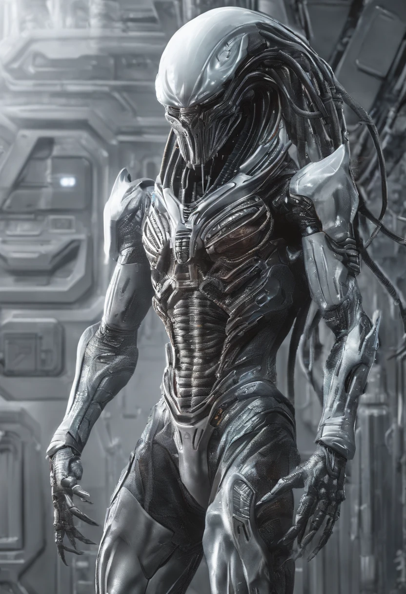Predator，Whole body diagram，Silver-white armor，suitable background