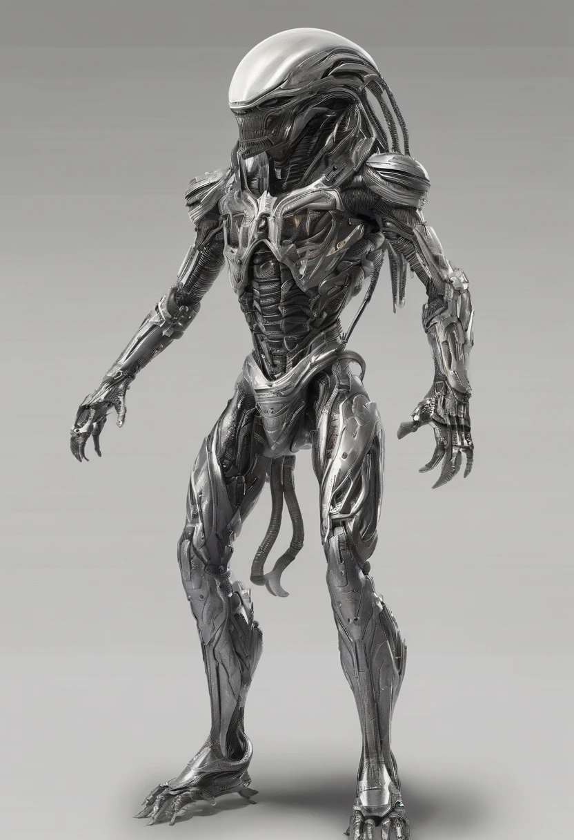 Predator，Whole body diagram，Silver-white armor，suitable background