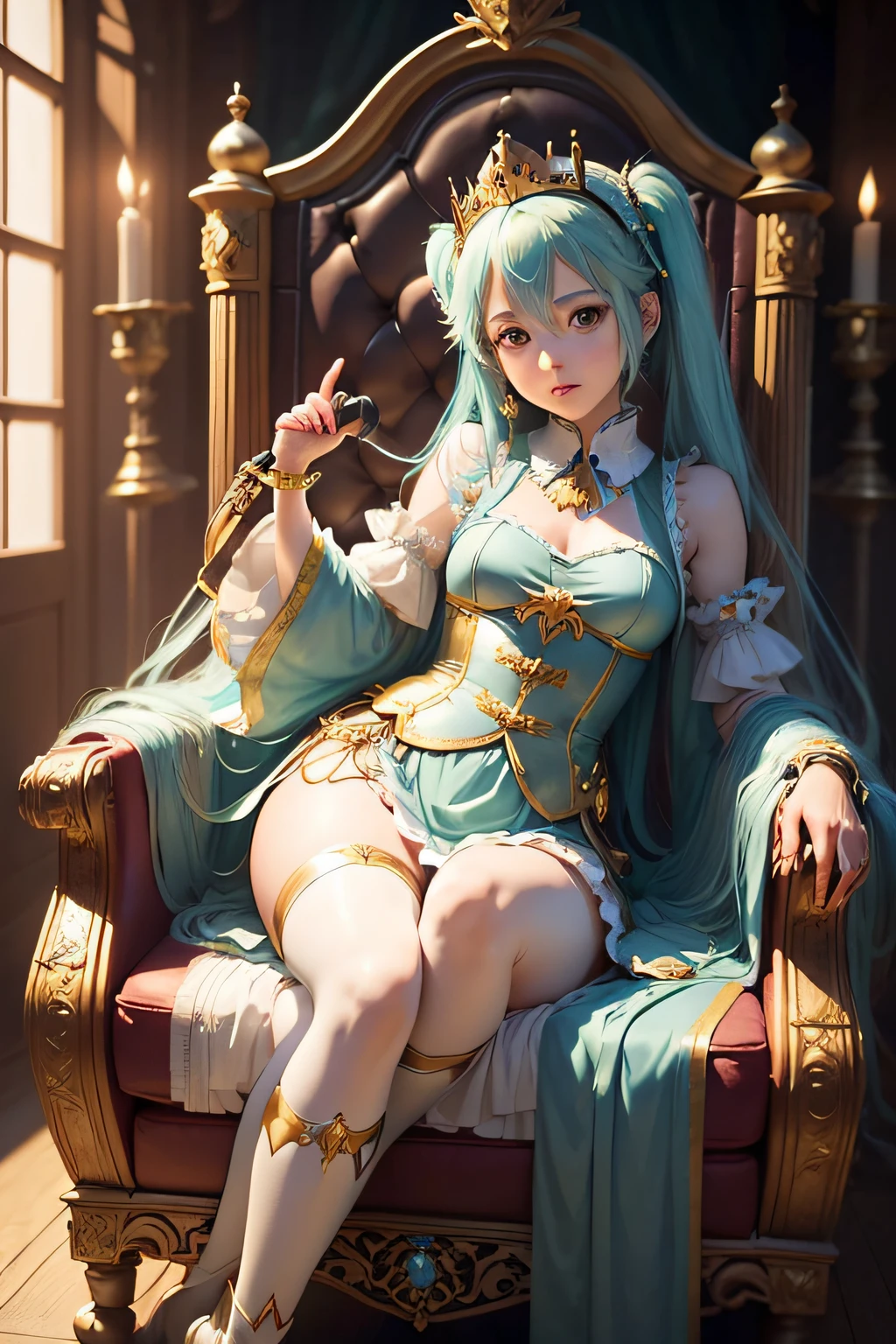 1girl in, Hatsune Miku, Princess Costumes, diadems, gold, ((a throne)), in a castle, medieval times, Wearing a blue vest, Put one foot on the ground, The calf of the other leg was facing outward, One hand holding the microphone, The other hand crosses the eye and bie., White background